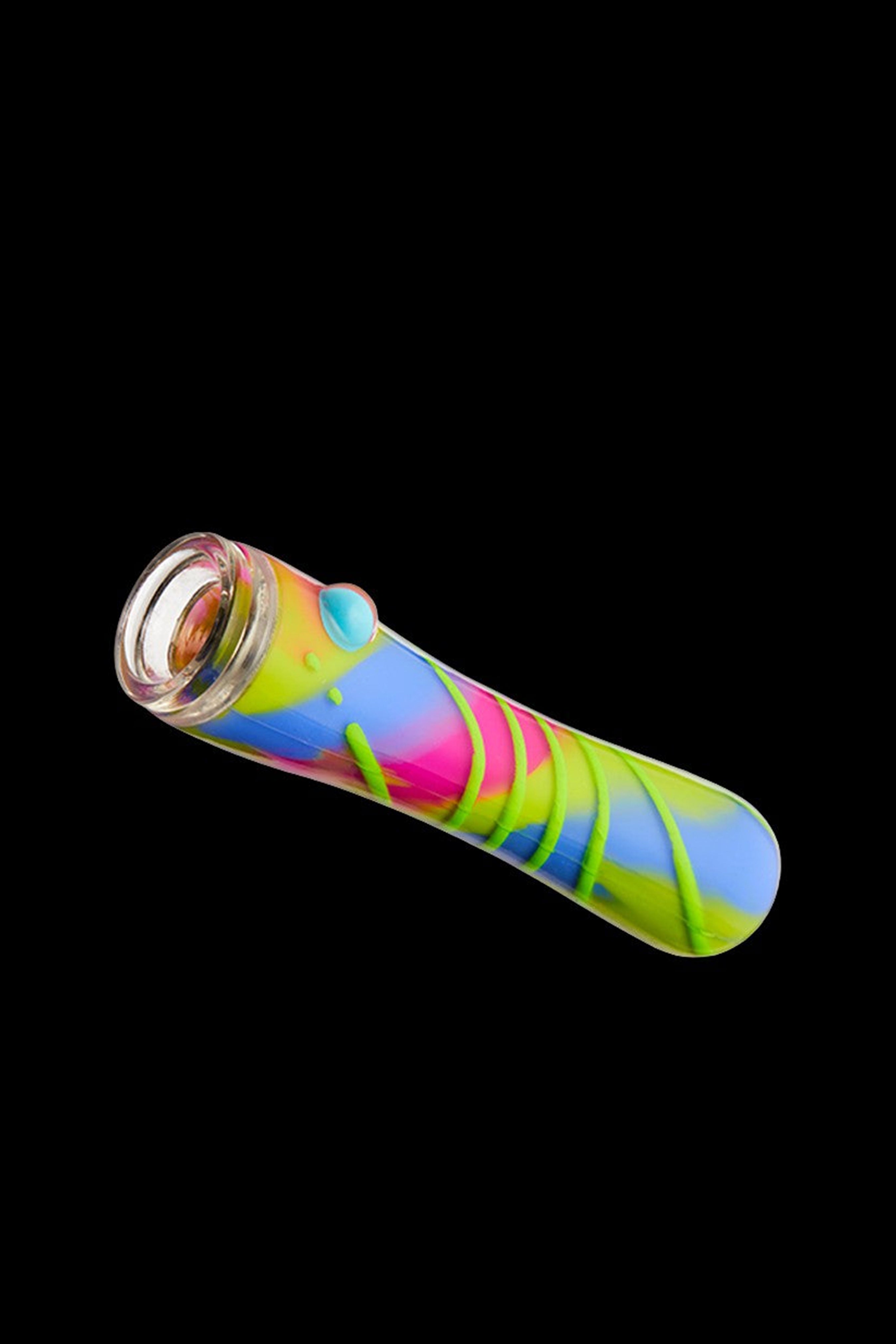 Colorful glass pipe with silicone grip, isolated on black.