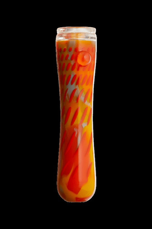 Red and yellow glass bubbler for smoking cannabis.