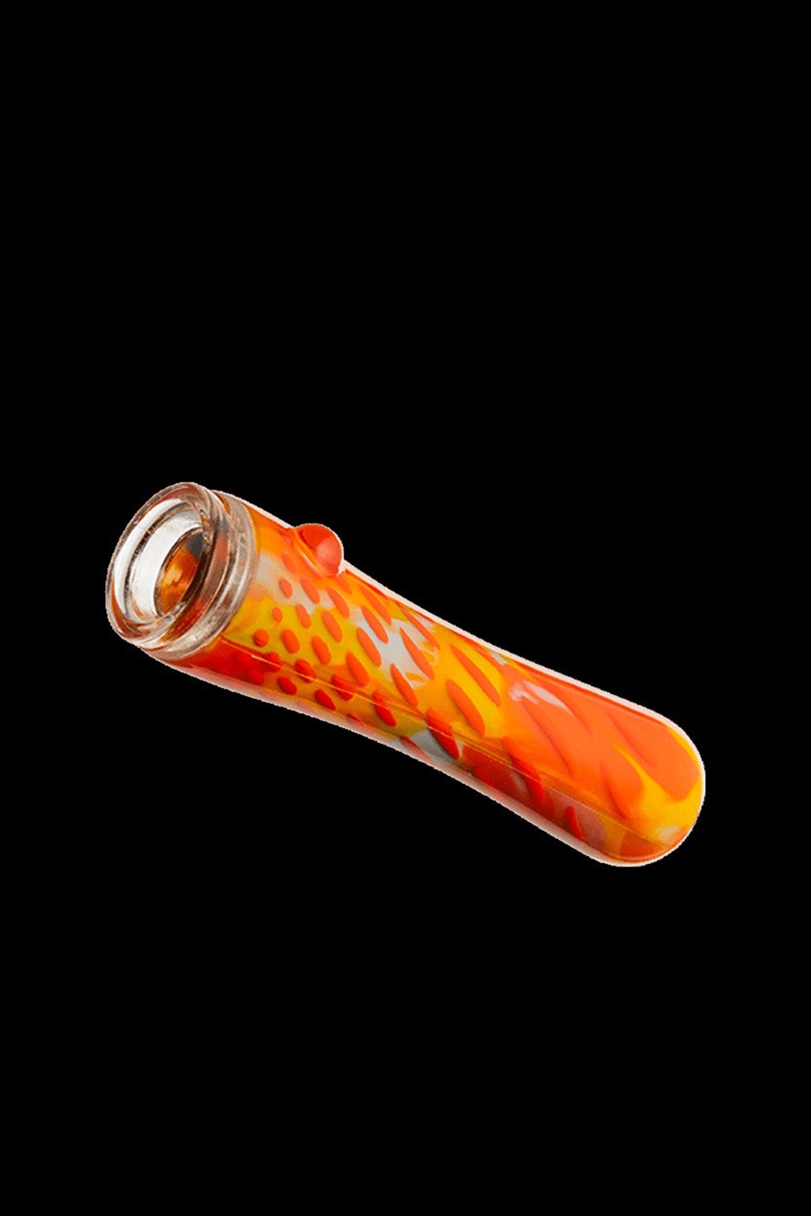 Red and white glass pipe with a flared mouthpiece.