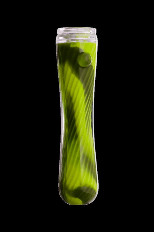 Green glass bubbler water pipe against a black background.