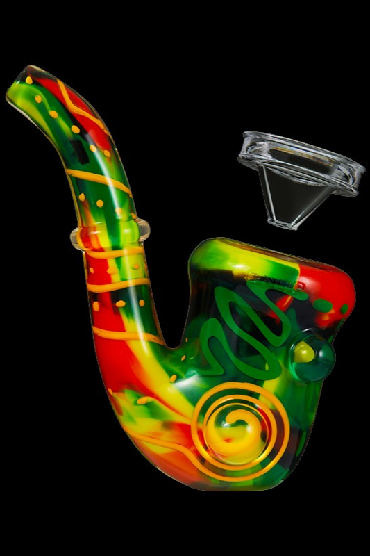 Colorful glass water pipe with detached bowl piece.