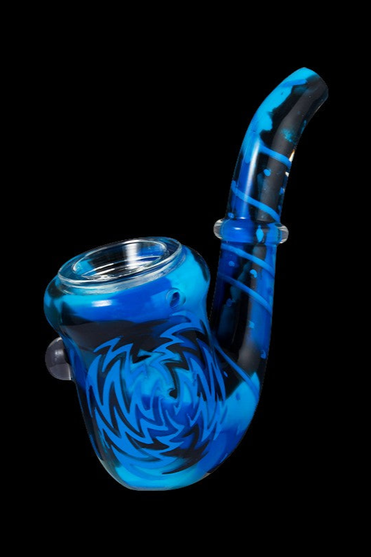 Blue glass bubbler with intricate swirling patterns.