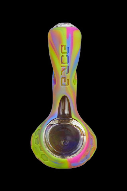 Iridescent silicone smoking pipe with "orce" vertically branded on the neck.