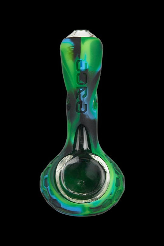 Green and black glass pipe for smoking cannabis.