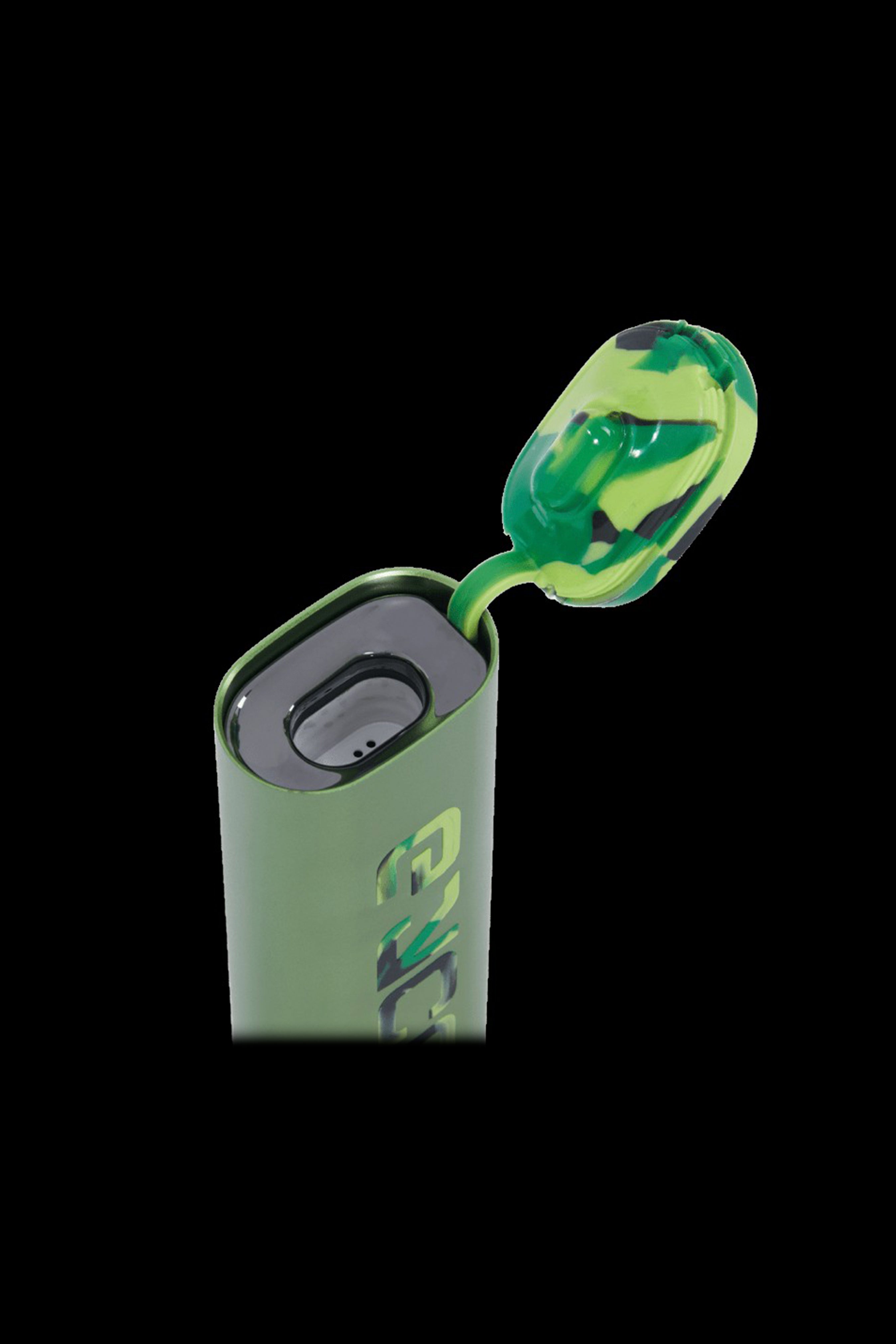 Green cannabis oil vape pen with open mouthpiece.