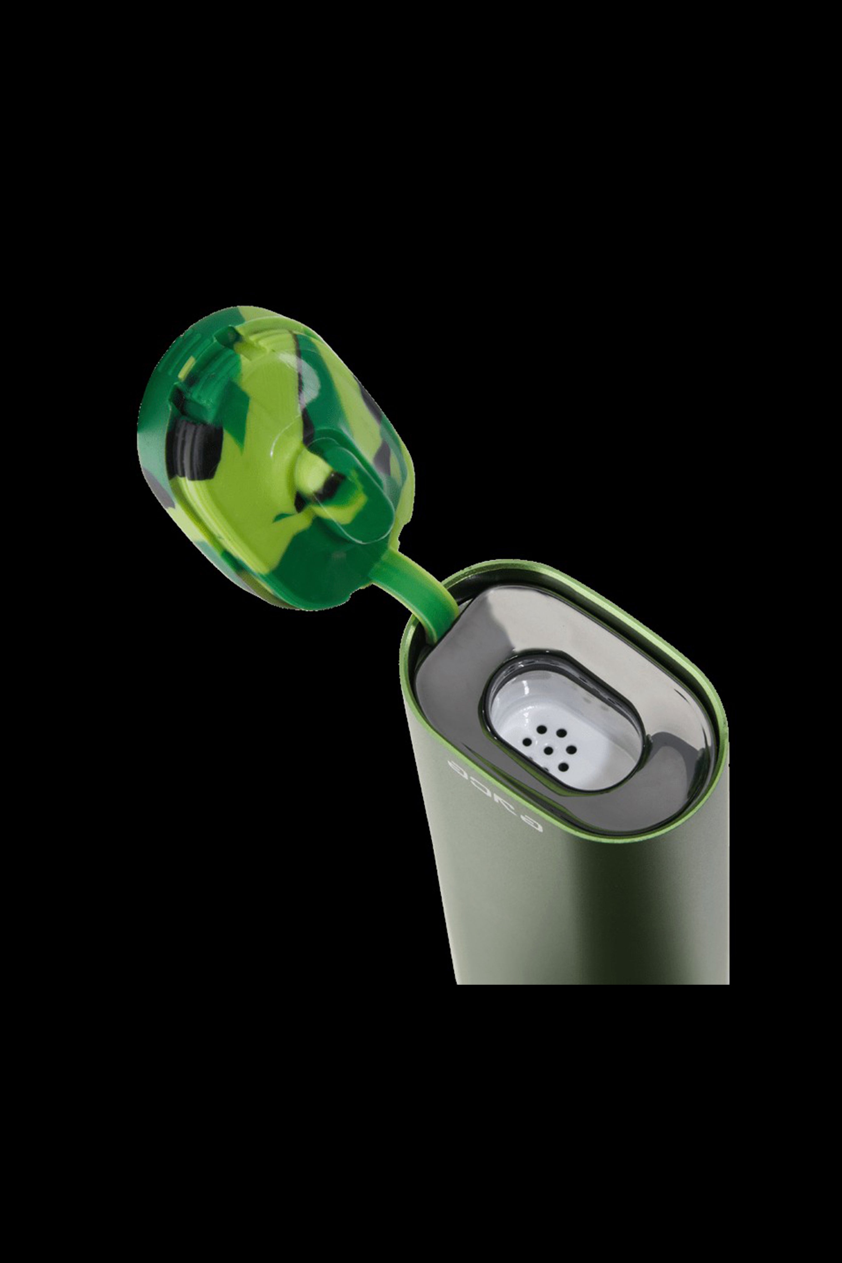 Olive green portable vaporizer with open lid revealing ceramic heating chamber.