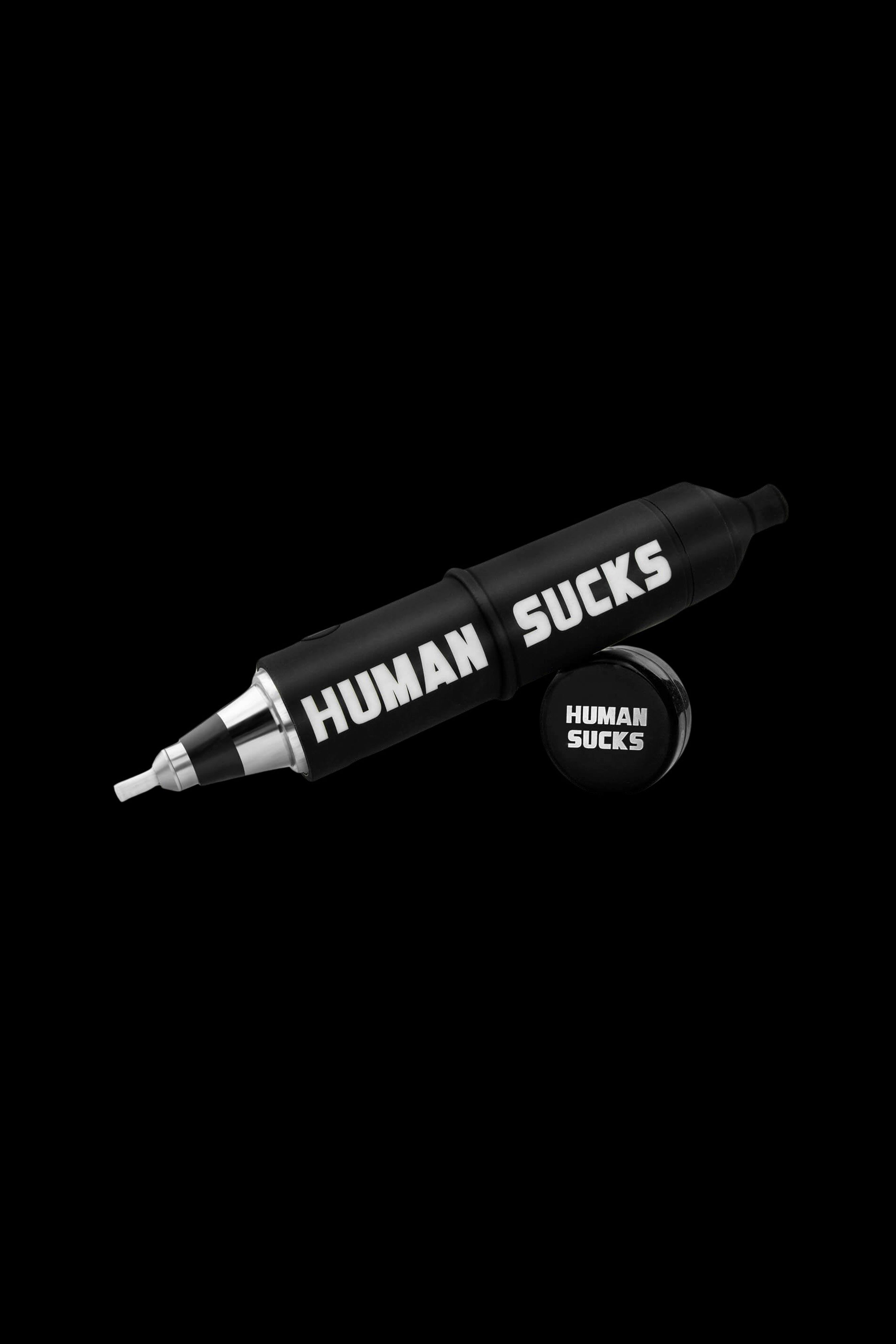 Black glass cannabis pipe with "HUMAN SUCKS" text displayed on its side and a matching sticker below.