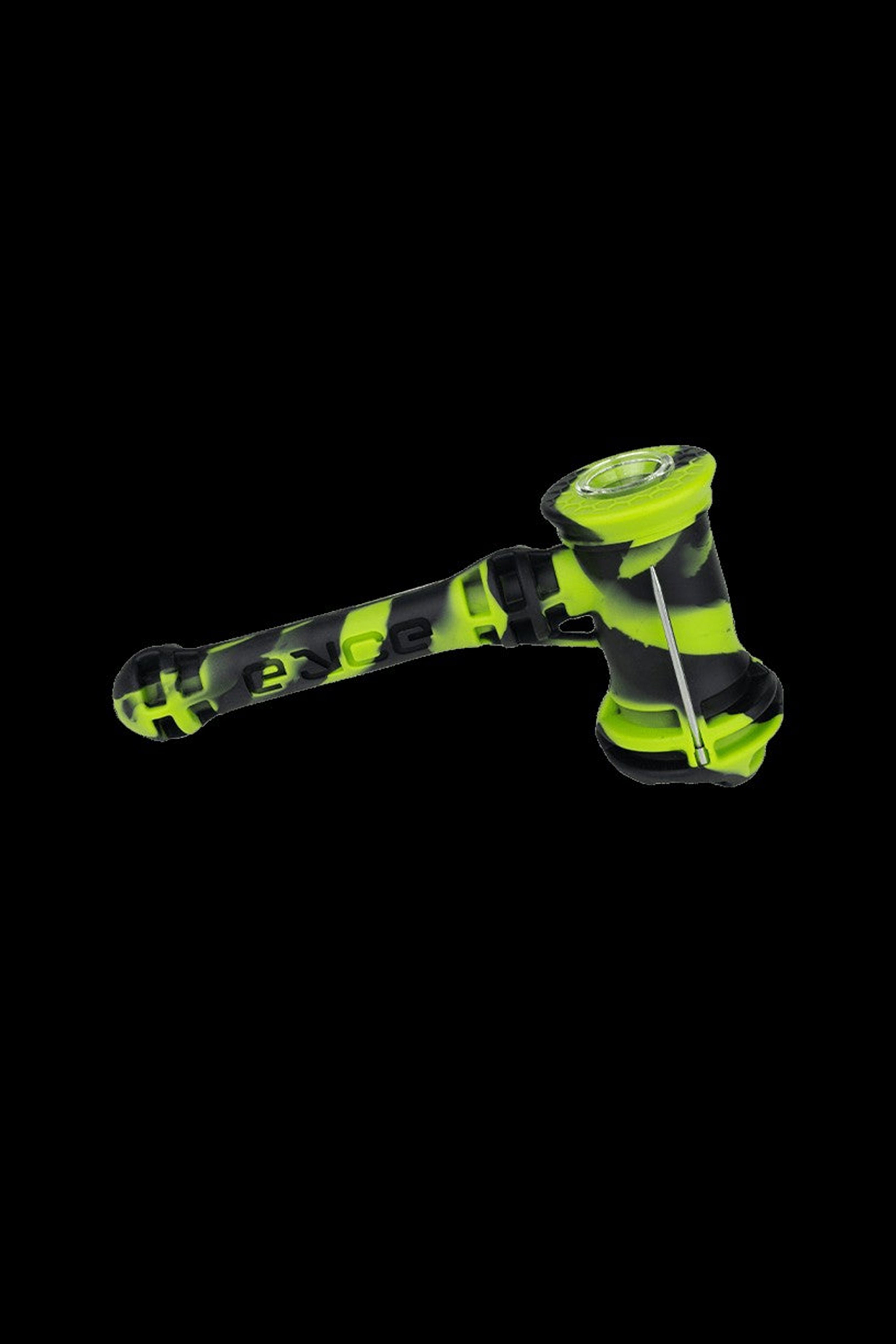 Green and black glass pipe for smoking cannabis.