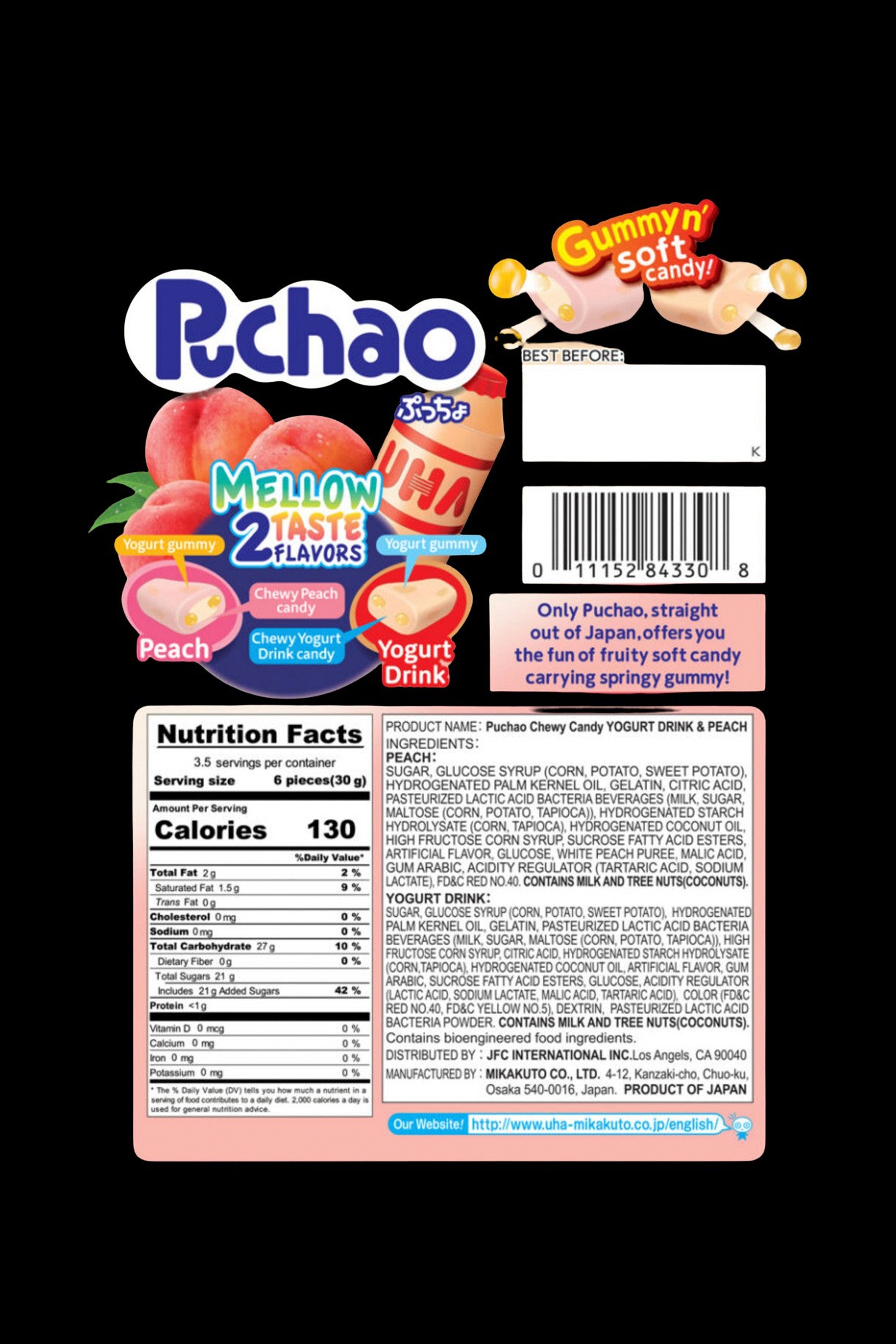 Close-up of colorful Puccho chewy candy packaging with nutrition facts and ingredient list, likely used as cannabis packaging or a novelty item.