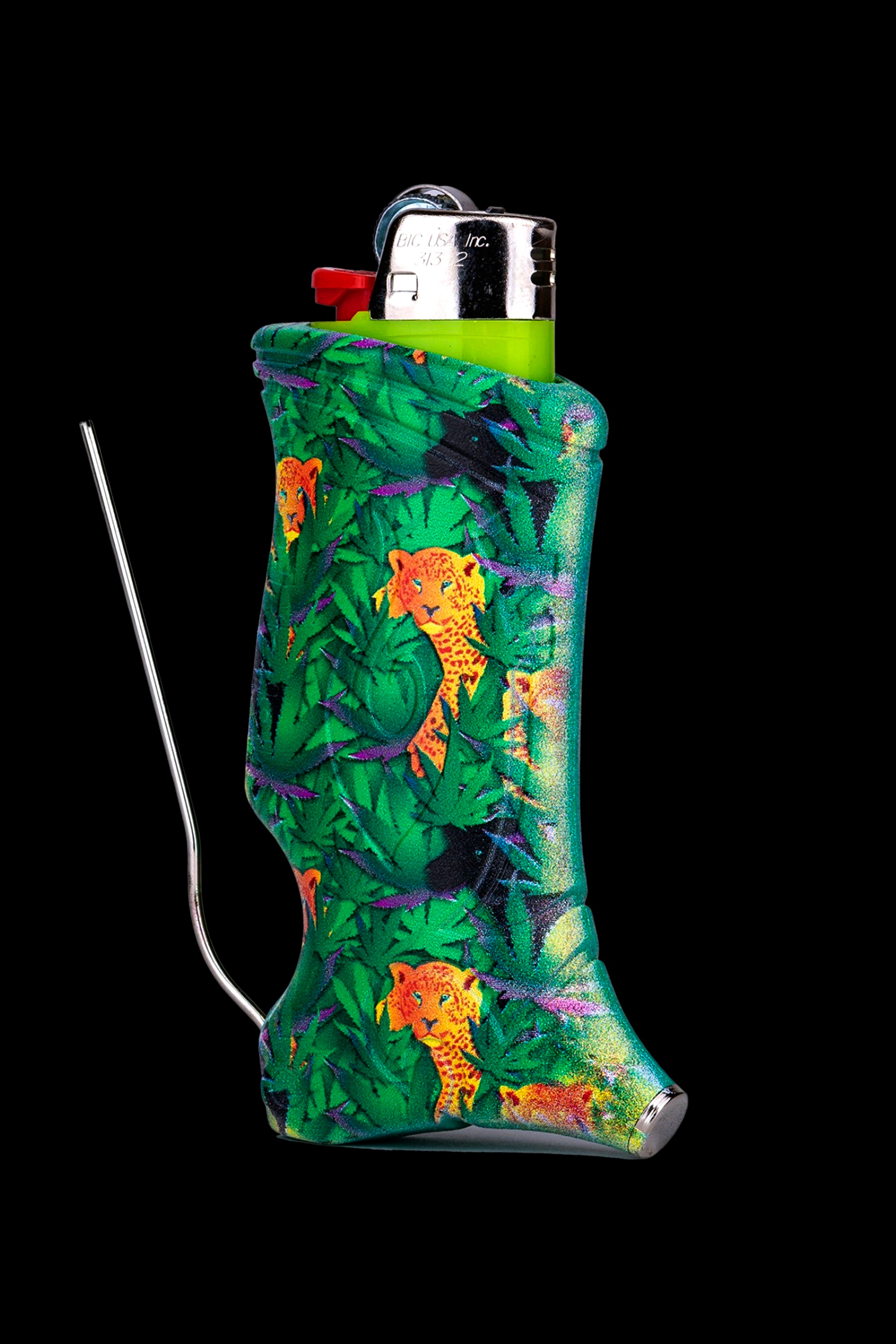 Green glass bubbler with a cheetah print, featuring a metal stirring rod and a lighter inserted into the mouthpiece.