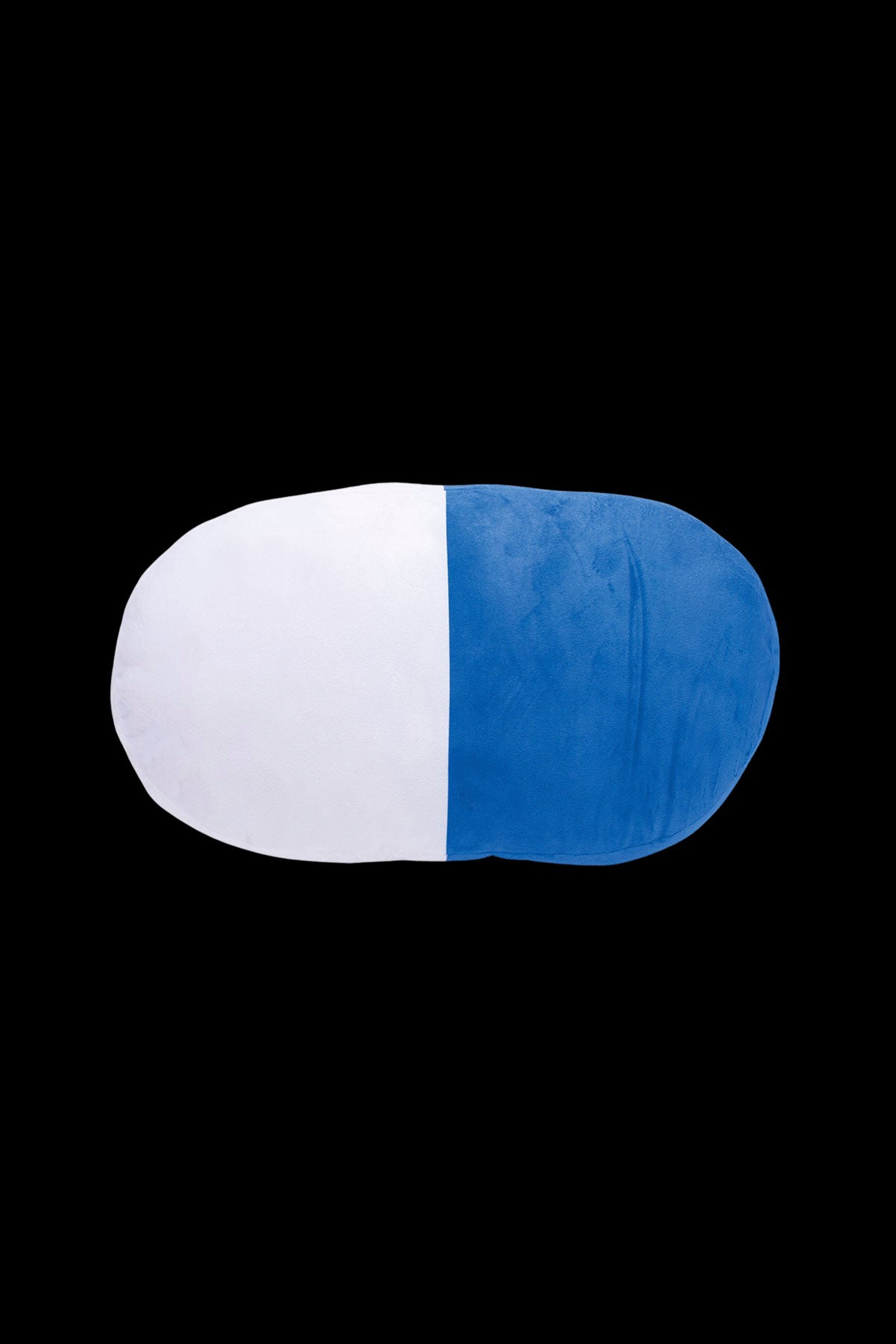 Blue and white pill-shaped plush pillow.
