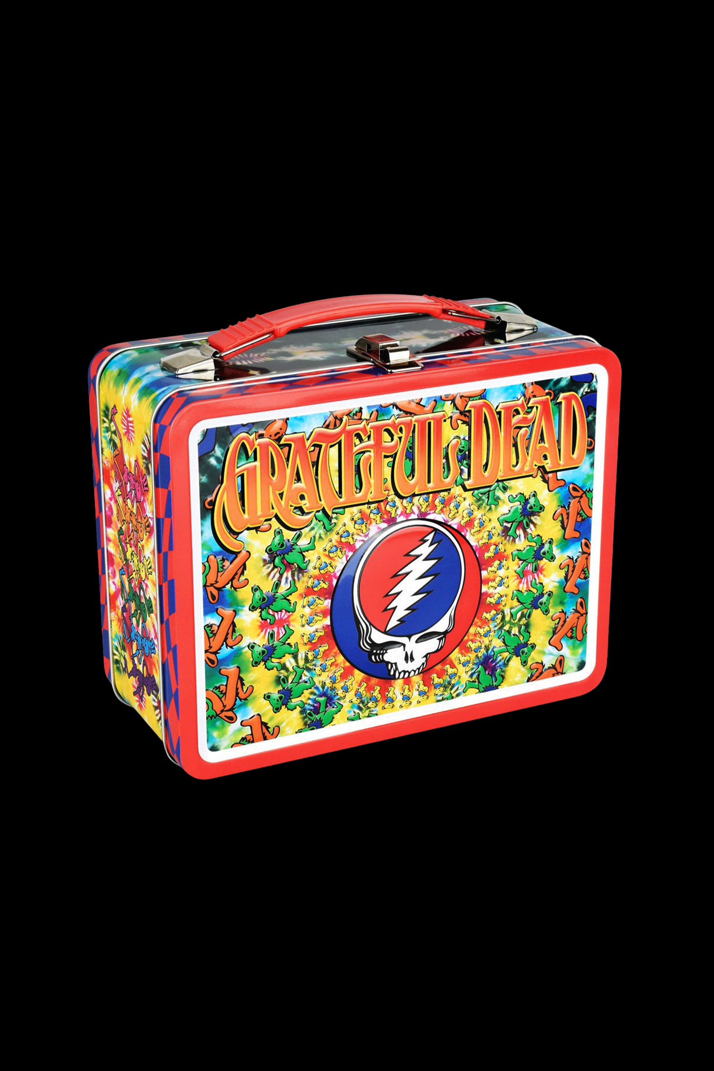 Vintage-style metal lunchbox decorated with Grateful Dead imagery and cannabis leaves.
