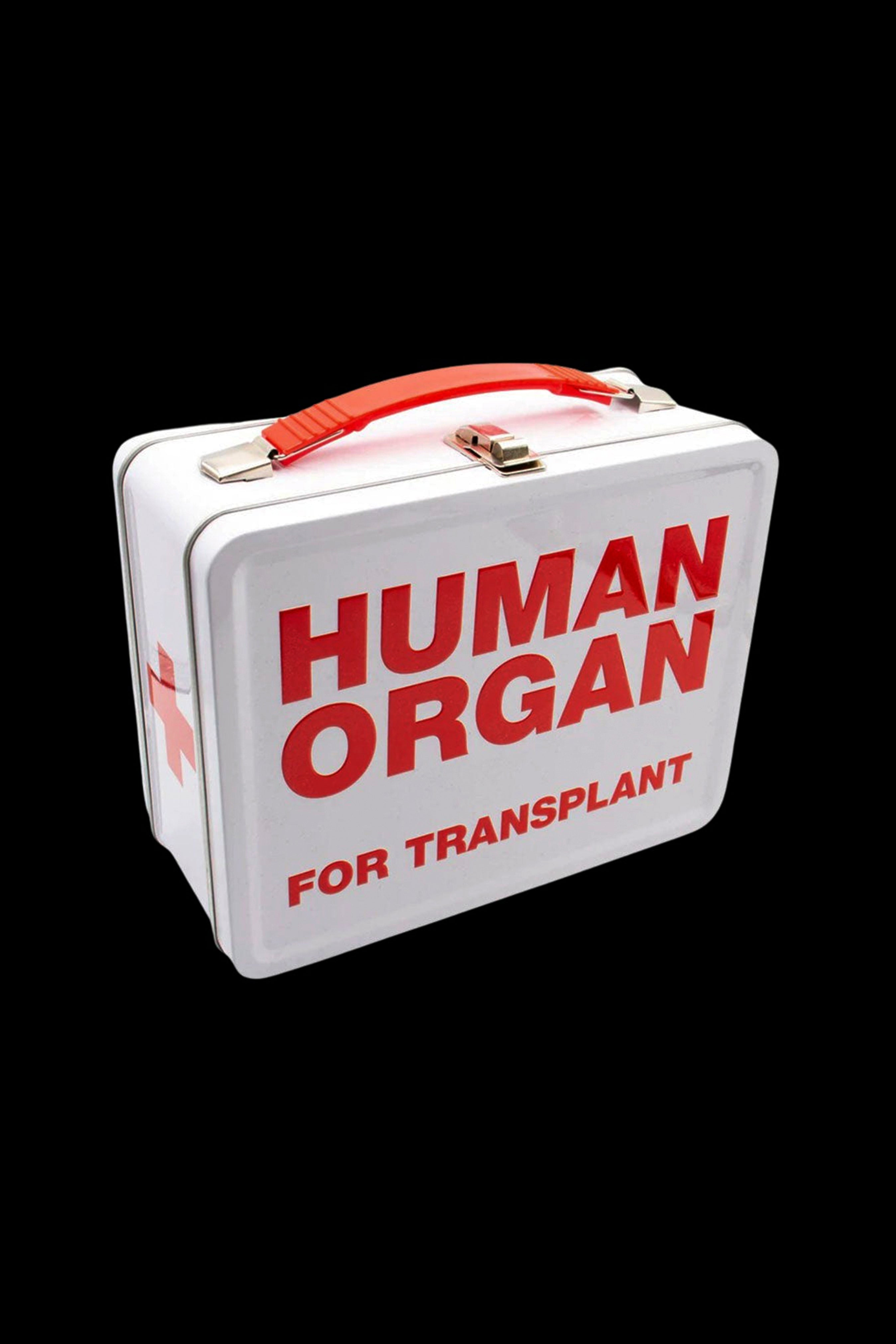 Red metal lunchbox with white text reading "HUMAN ORGAN FOR TRANSPLANT".