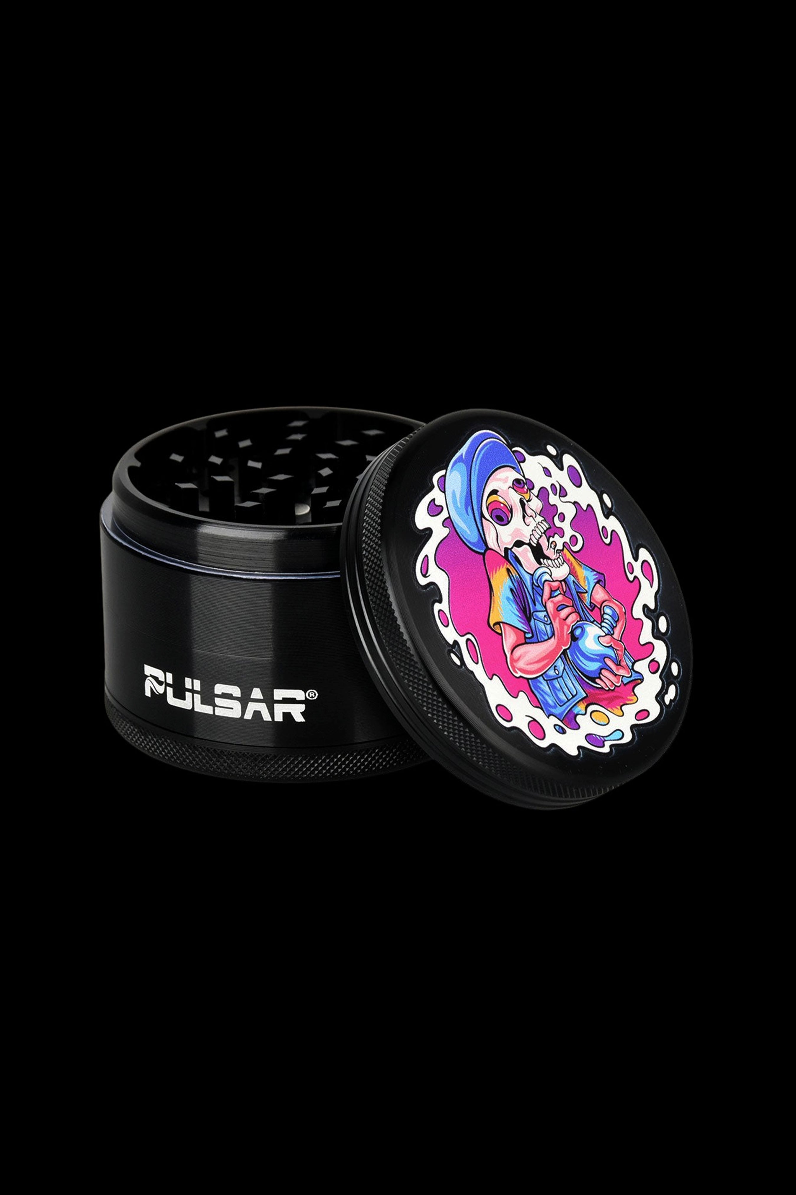 Black Pulsar grinder with colorful Day of the Dead-style skull artwork.