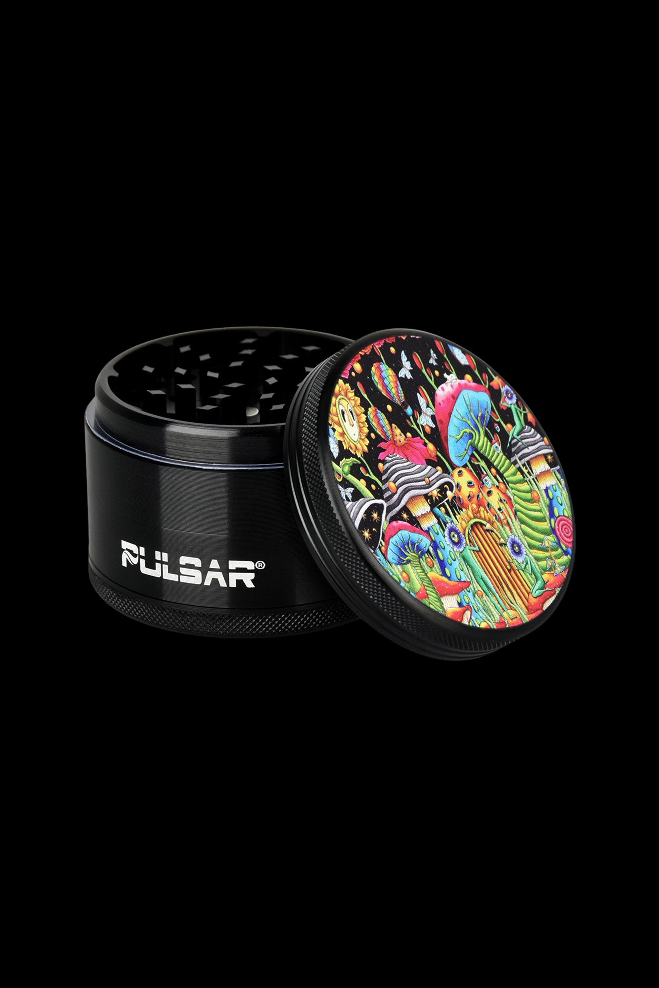 Pulsar cannabis grinder with a colorful, psychedelic patterned lid.