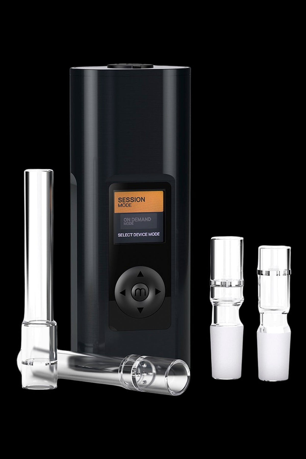 Sleek, black cannabis vaporizer with digital display and four glass attachments.