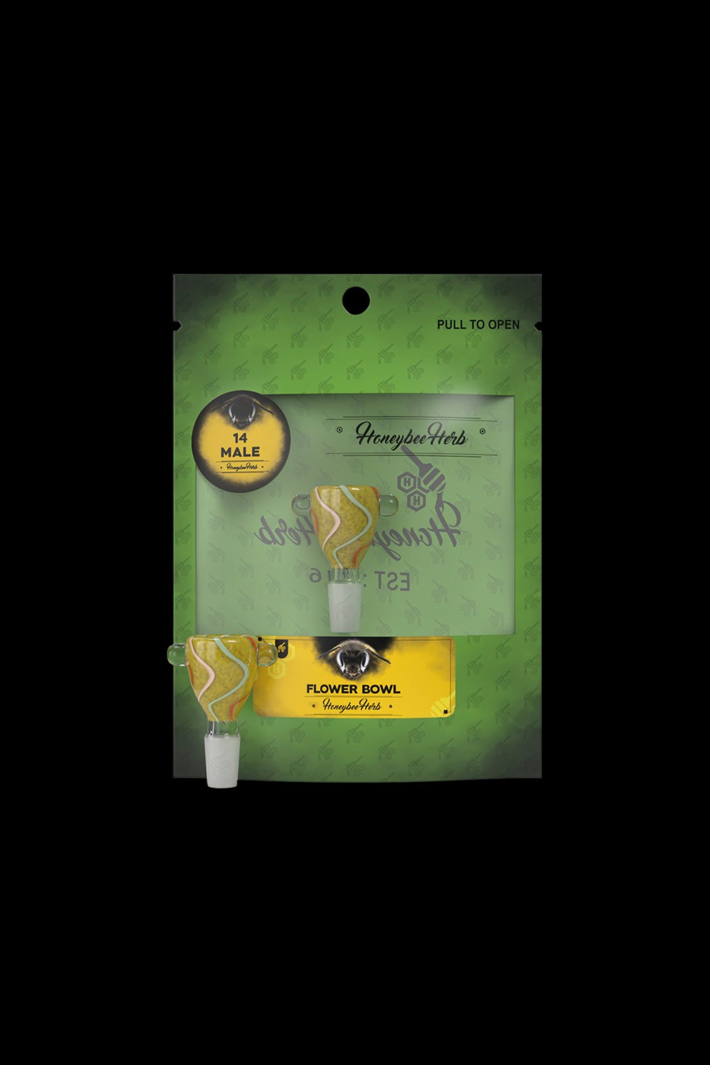 Green foil pouch for Honeybee Herb flower bowl, displaying cannabis-leaf design and branding.