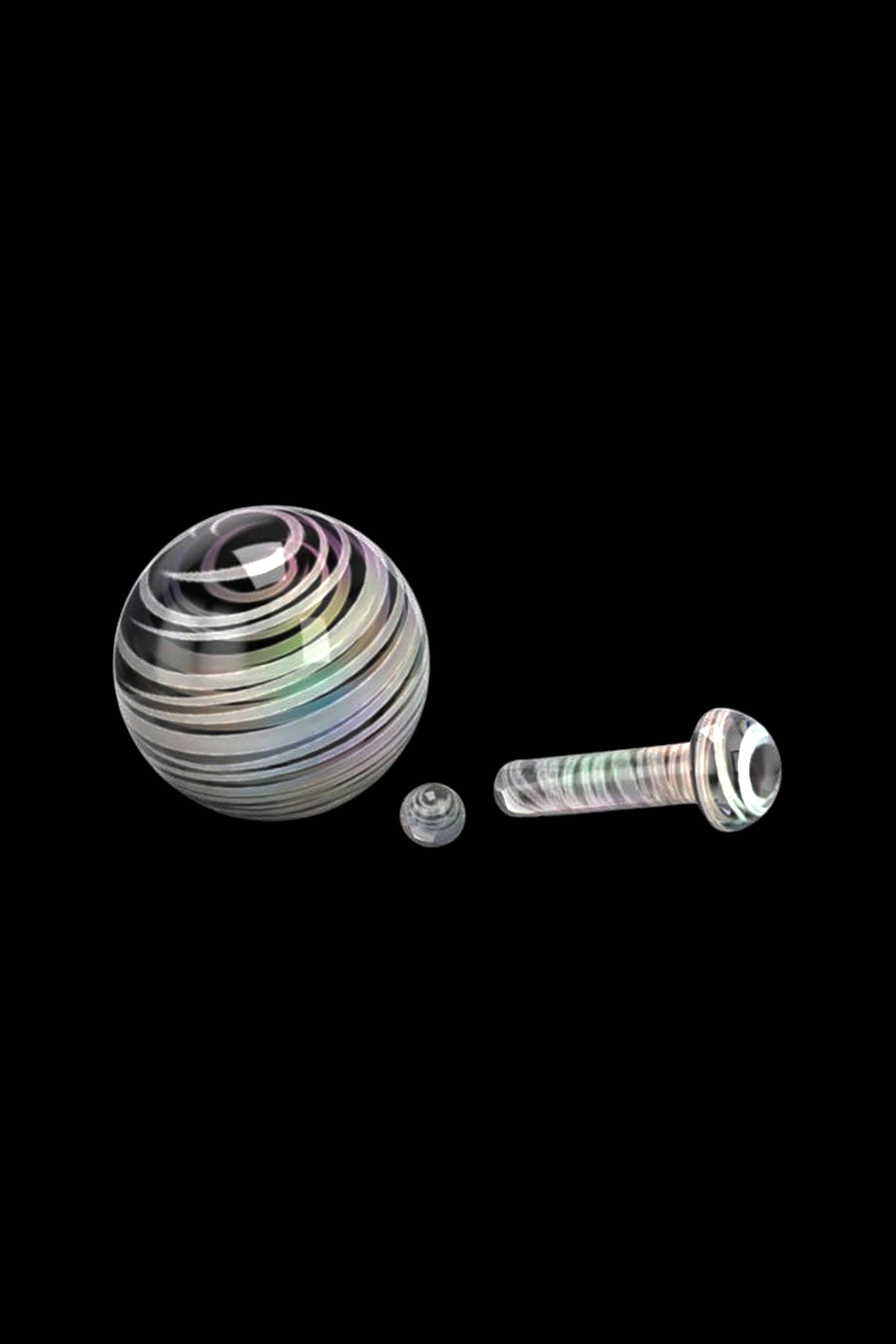 Iridescent glass marbles and screw components for a dab rig or water pipe, isolated on a black background.