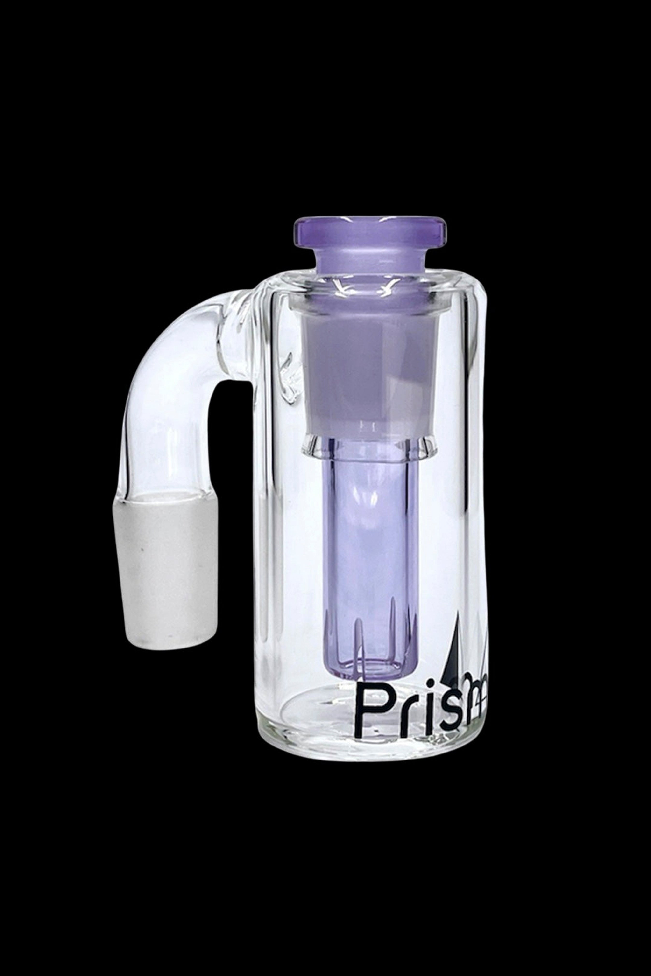 Clear glass bubbler water pipe with purple accents and "Prism" branding.