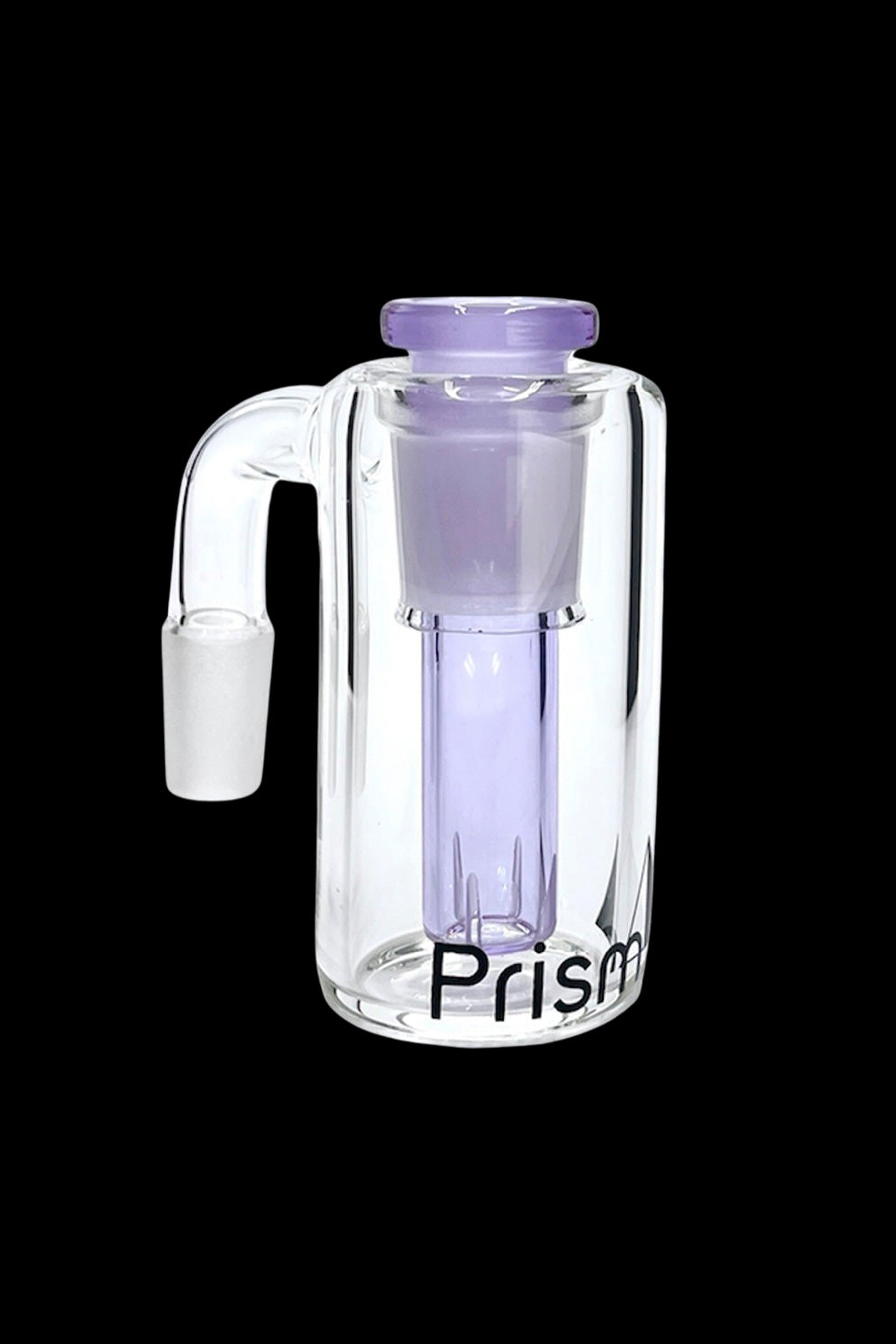 Clear glass bubbler water pipe with purple accents and "Prism" logo, isolated on a black background.