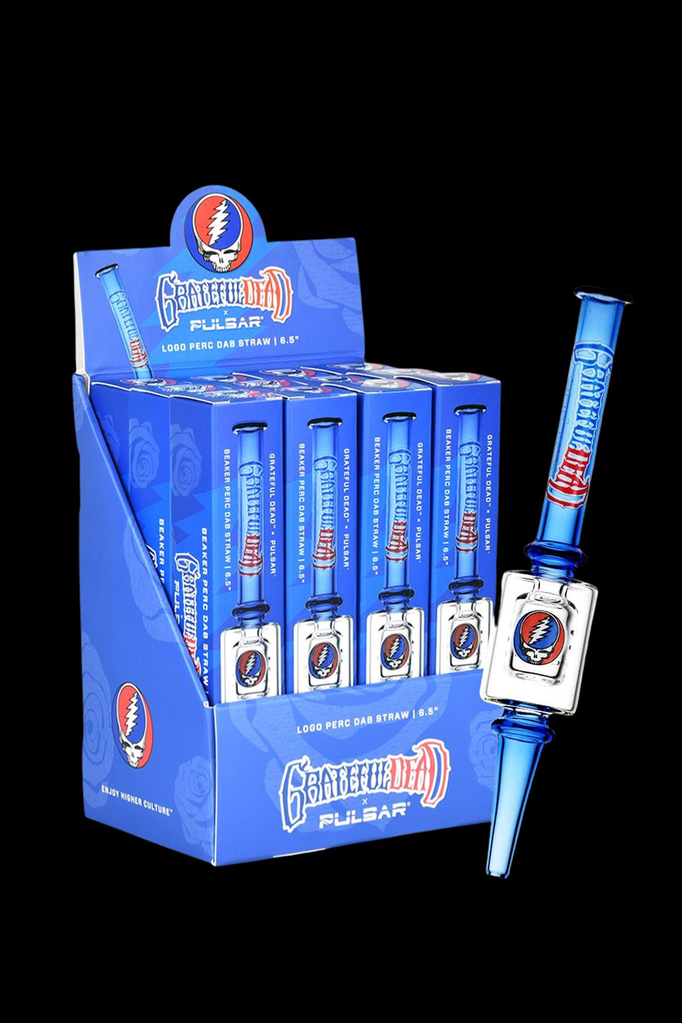 A display box of “Grateful Dead” branded Pulsar logo perc dab straws, featuring colorful glass straws with the iconic band’s logo.