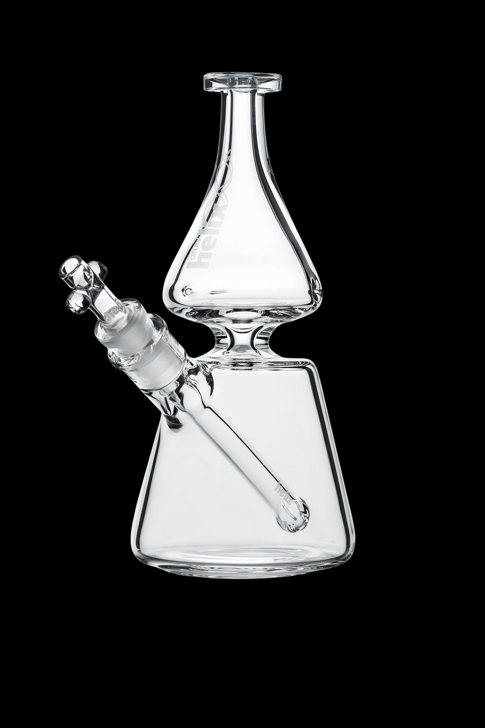 Clear glass water pipe (rig) with a perc filter and mouthpiece.