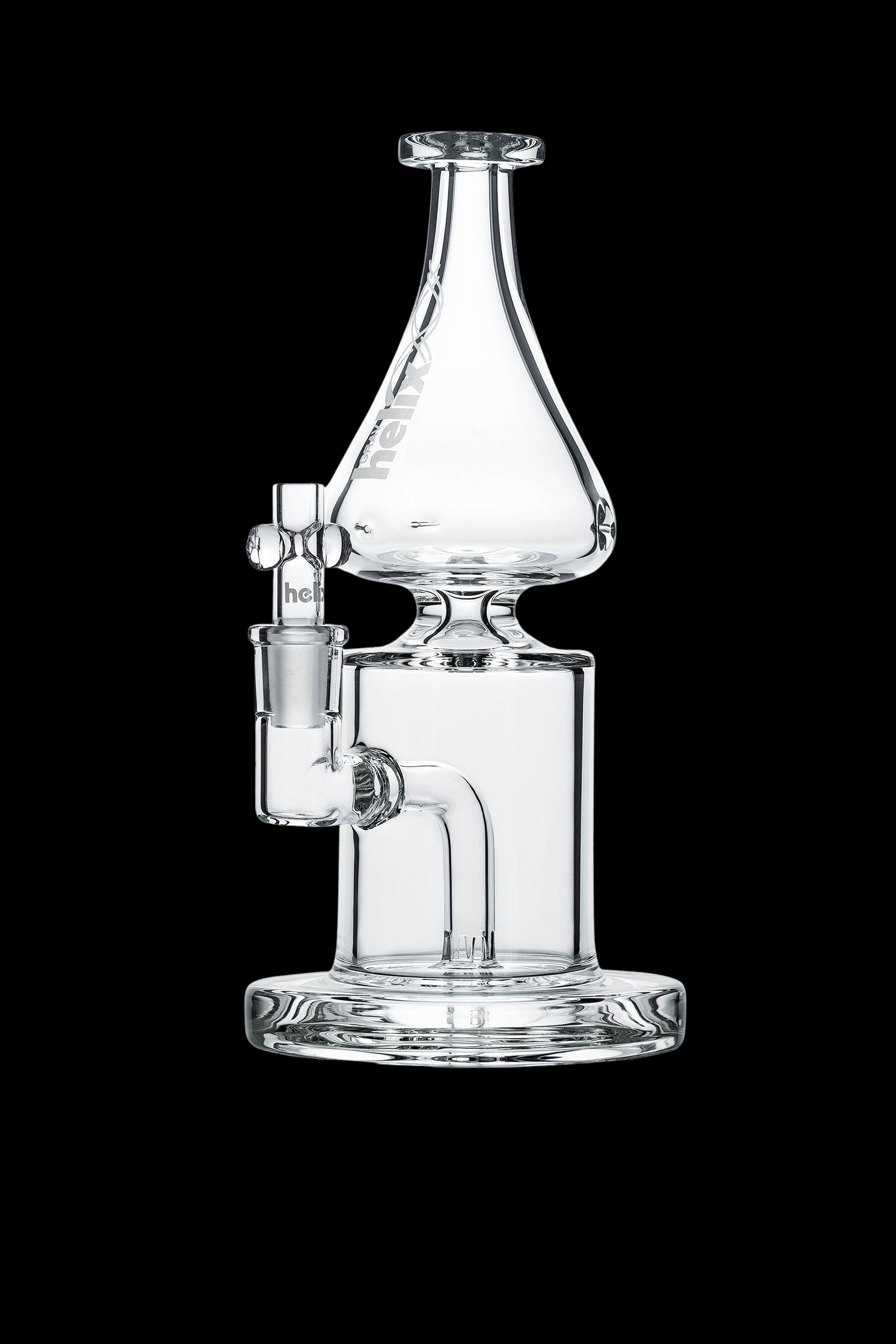 Clear glass dab rig with percolator and angled mouthpiece.