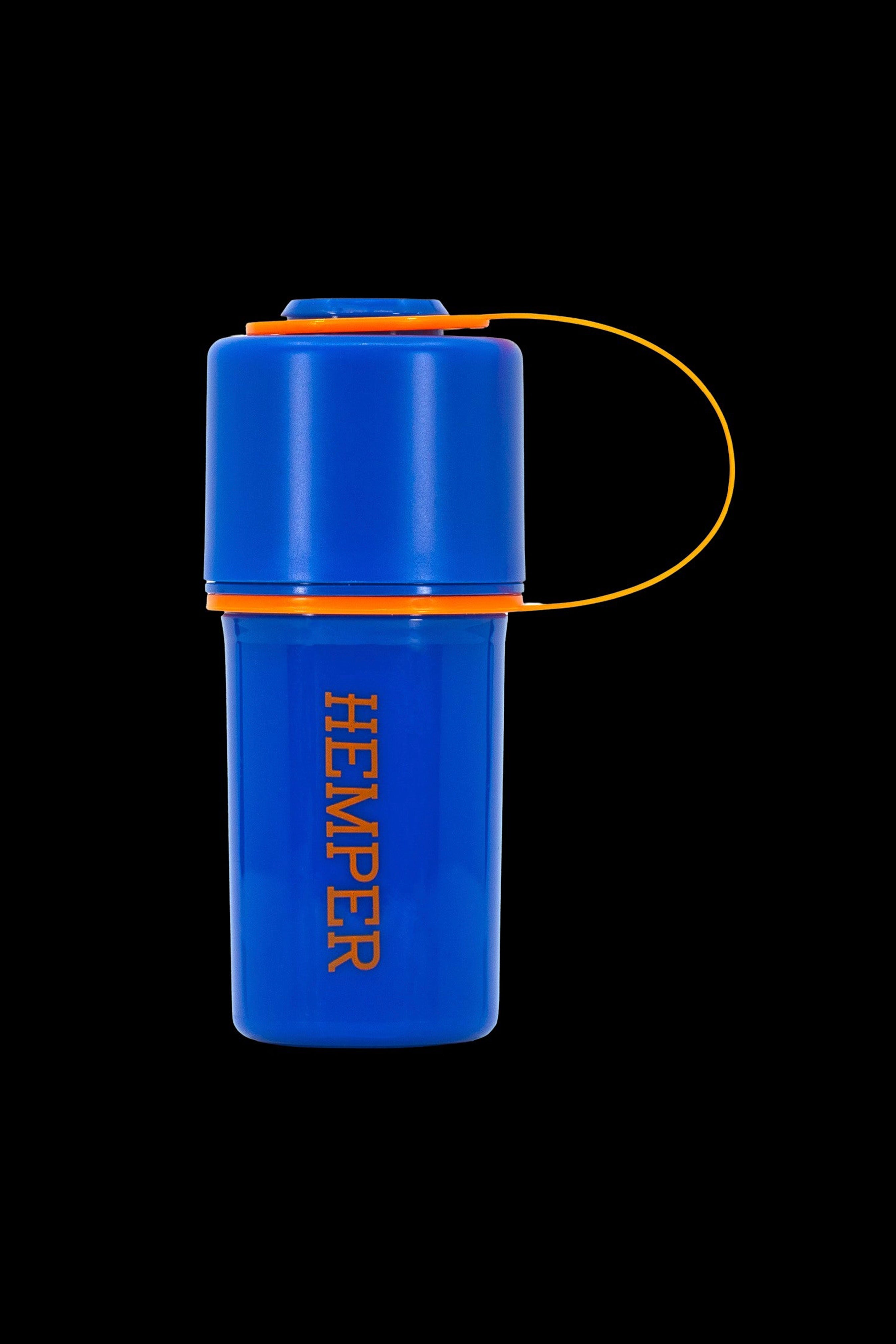 Blue Hemper lighter case with orange lanyard.