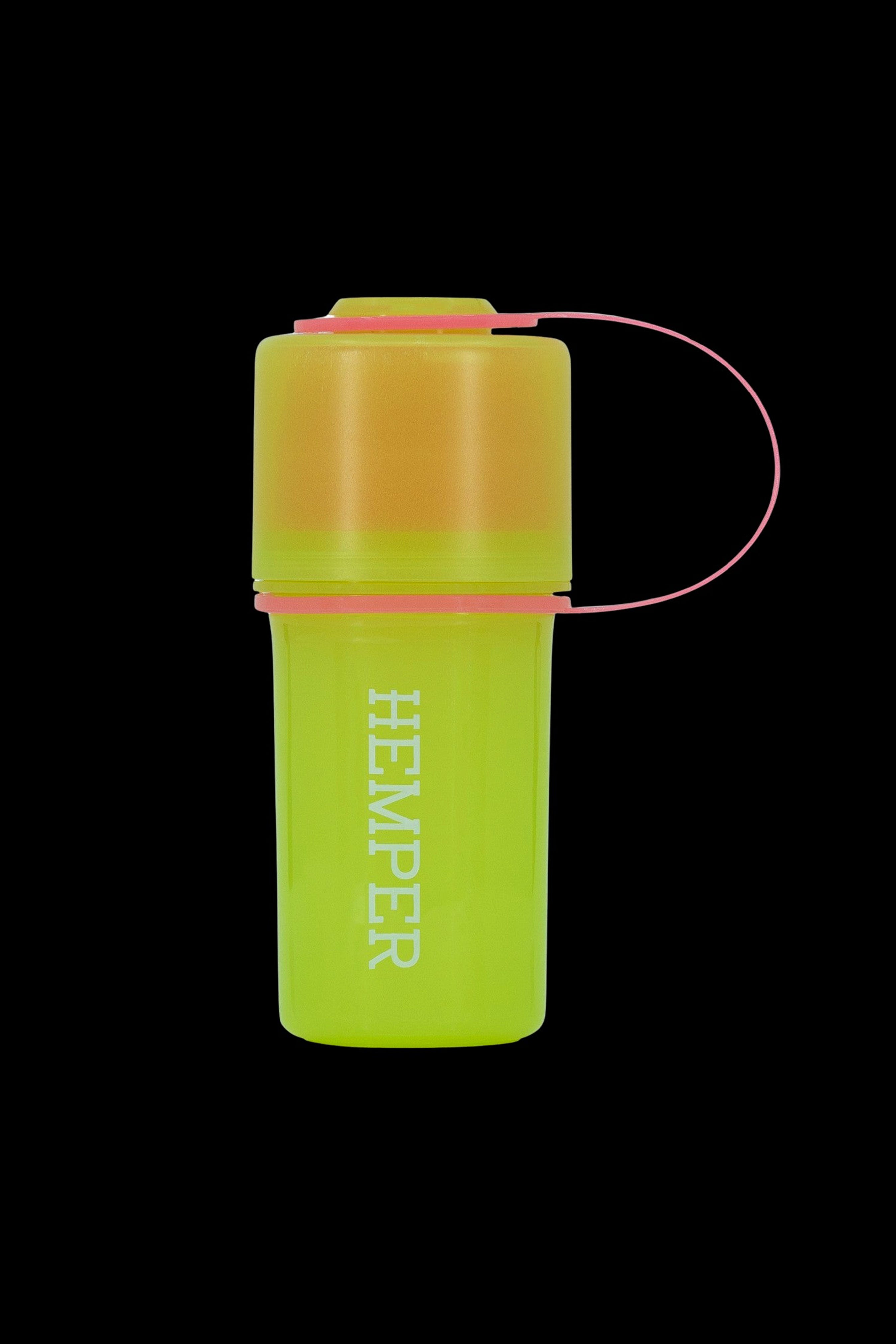 Yellow lighter with “HEMPER” vertically printed in pink, featuring a pink cap and a looped cord.