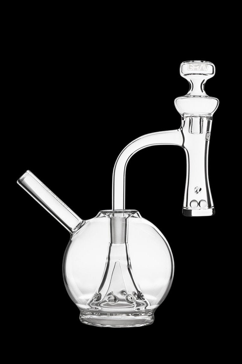 Clear glass bubbler water pipe with spherical base and angled mouthpiece.