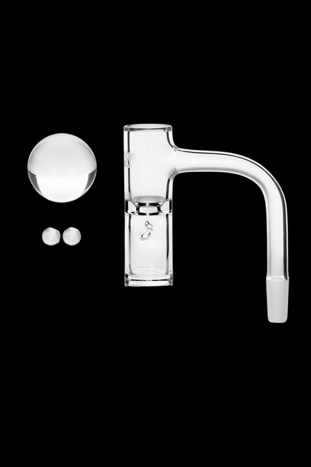 Clear glass dab rig with quartz insert and carb cap, isolated on a black background.