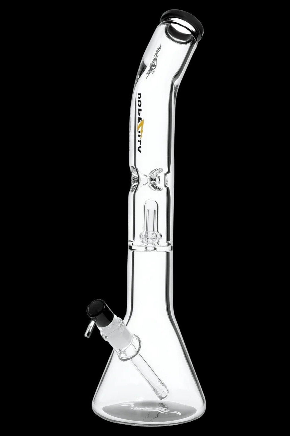 Tall front view of the clear Dopezilla Titans Promethus Bong with a beaker base, angled neck, visible percolator and black mouthpiece against a black background