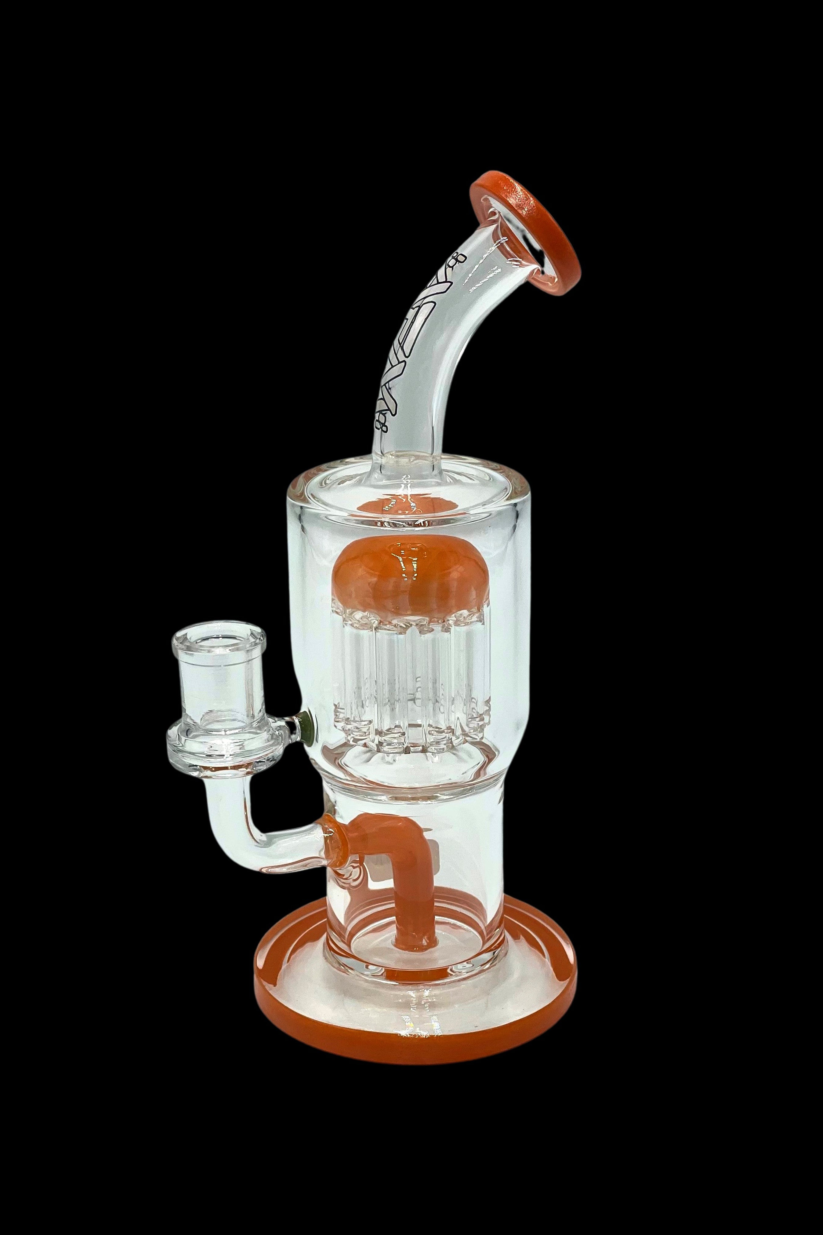 Orange and clear glass water pipe (bong) with multiple diffusion percolators.