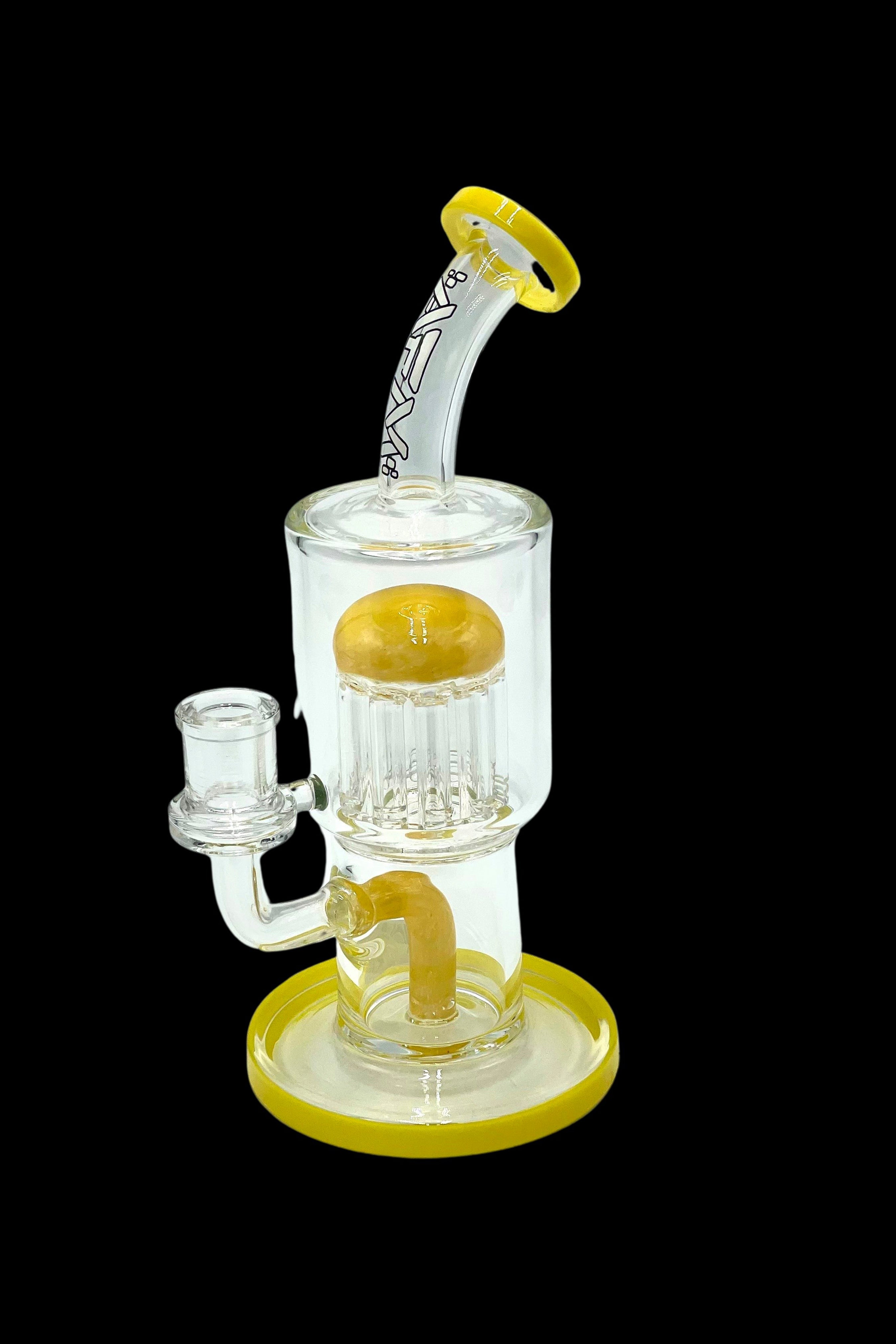 Yellow and clear glass bubbler water pipe for cannabis use.
