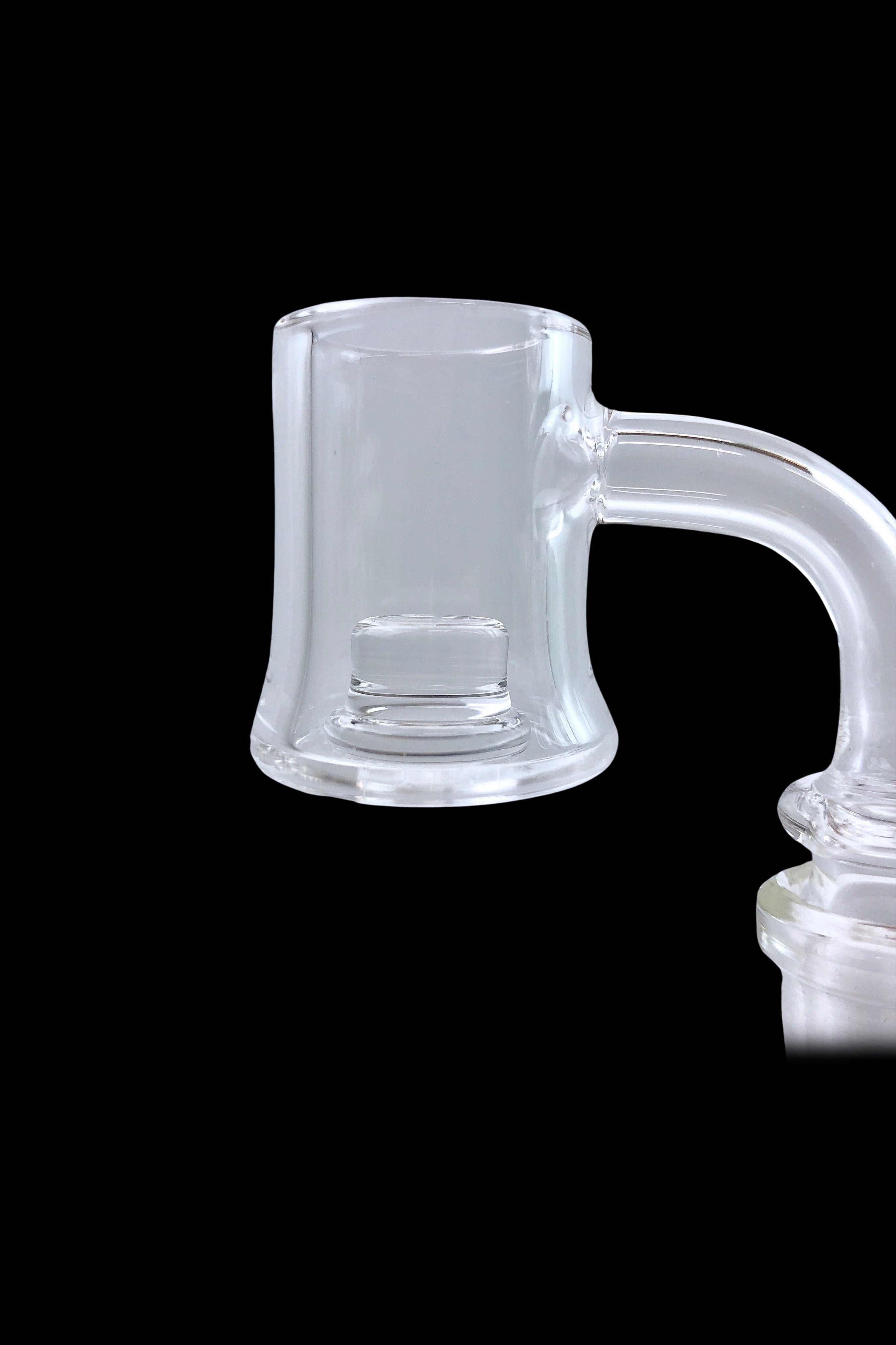 Clear quartz dab rig nail with a bent tube attachment, isolated on a black background.