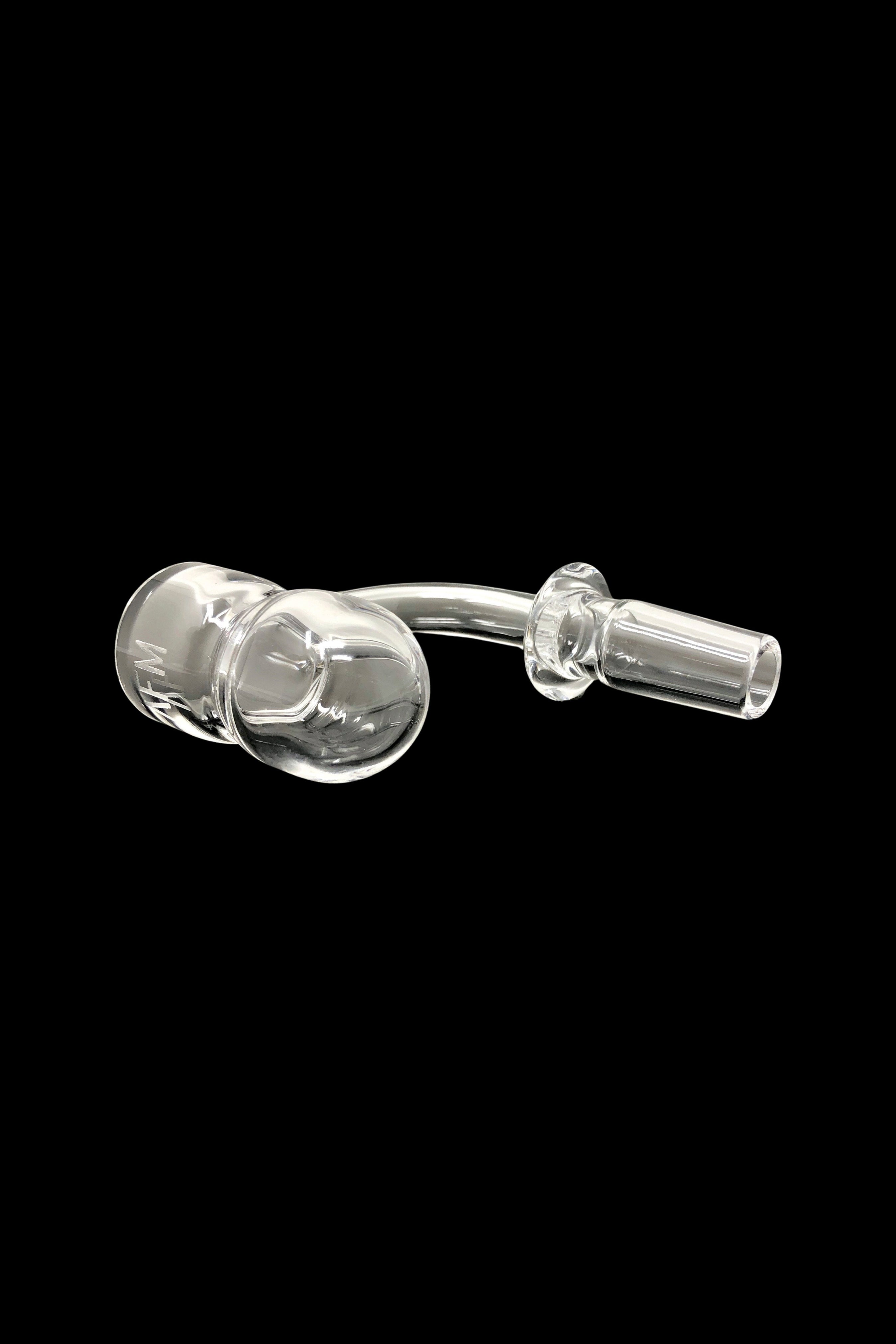 Clear glass dab rig nail with spherical collection chamber and angled mouthpiece, isolated on a black background.