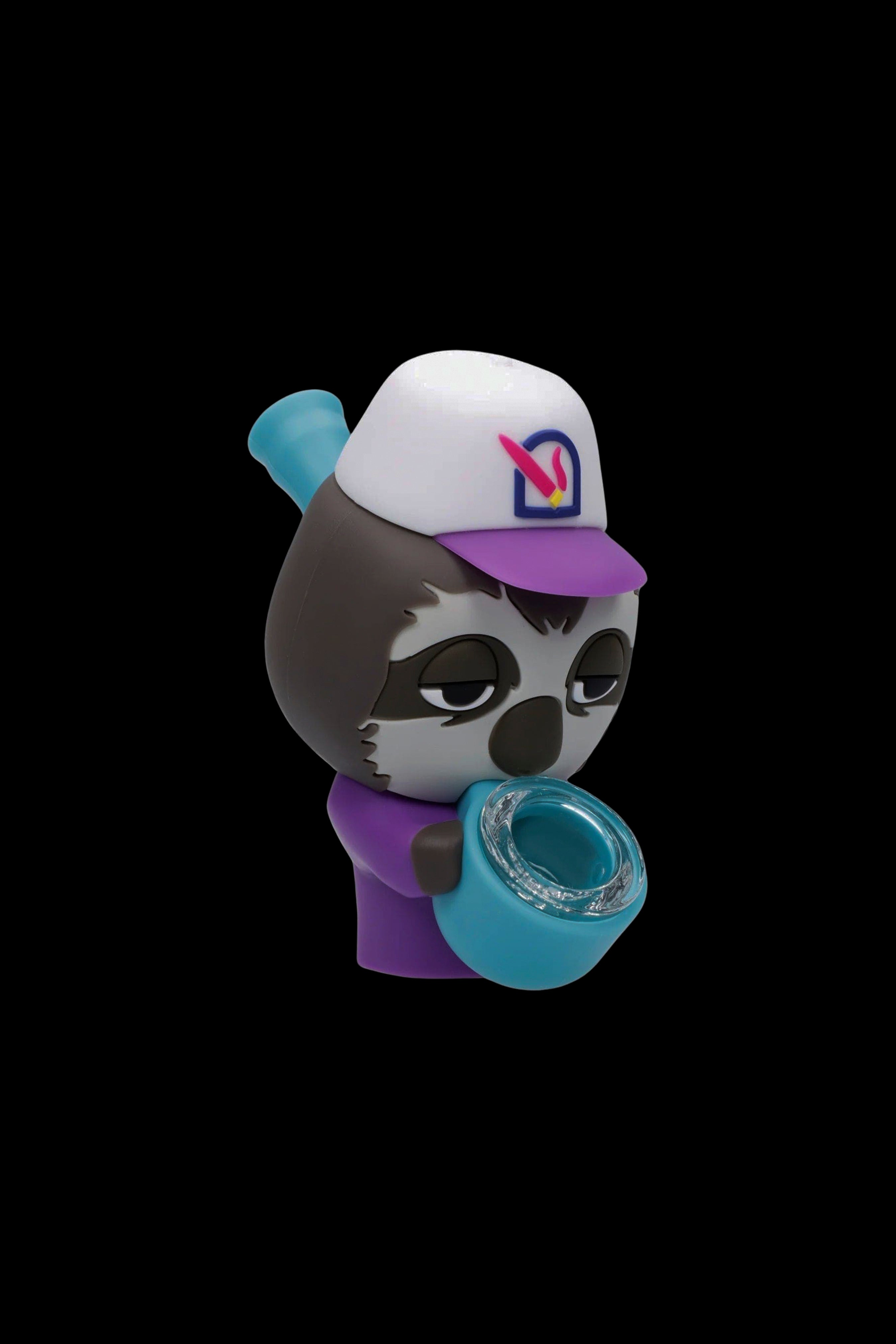 Stylized skull character wearing a cap and holding a turquoise cannabis water pipe.