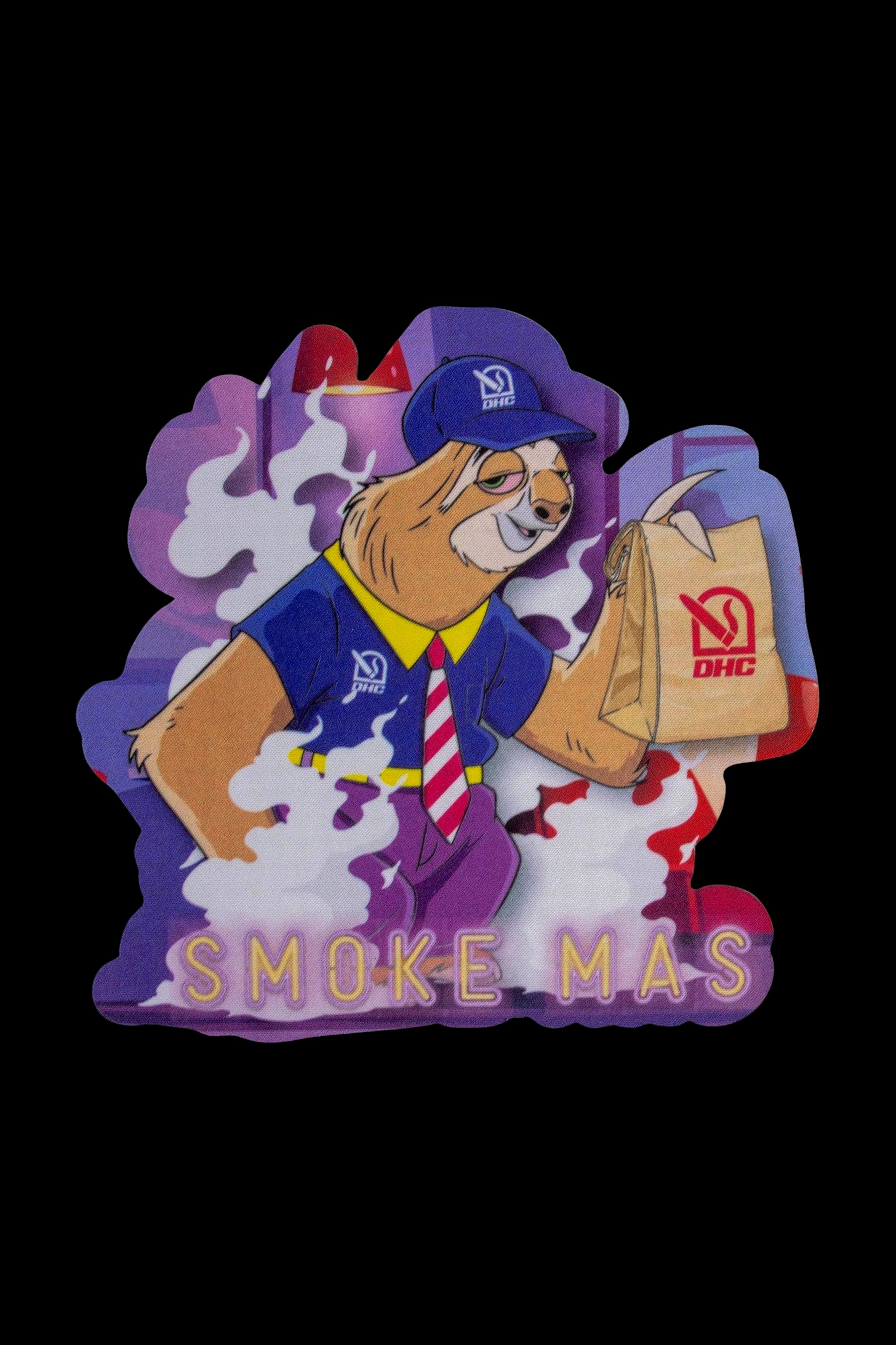 Cartoon illustration of a bear delivery driver holding a branded bag with smoke billowing around him, text reads "SMOKE MAS".