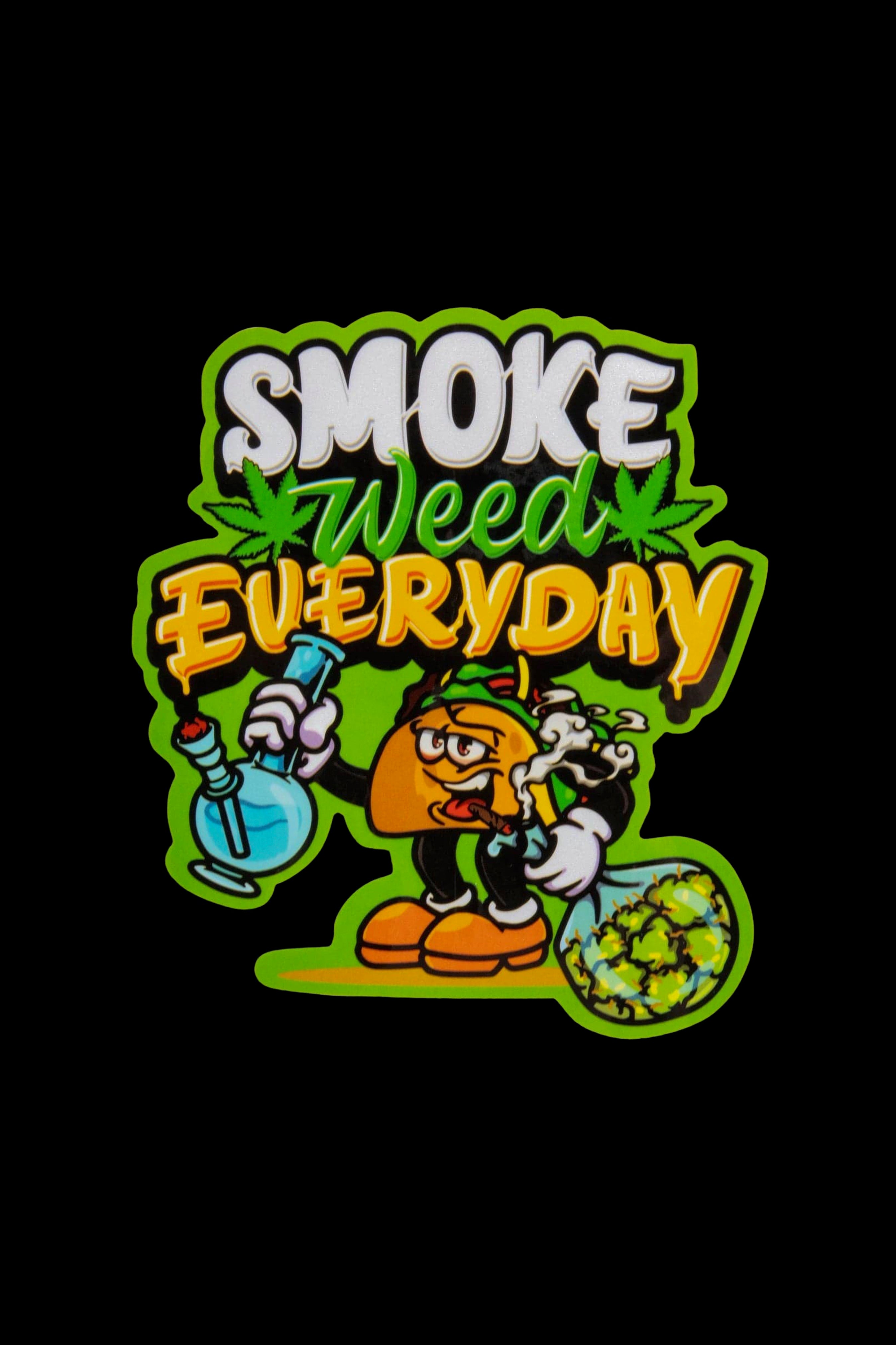Cartoon illustration with text "Smoke Weed Everyday" featuring a smoking orange character, a bong, and a cannabis bud.