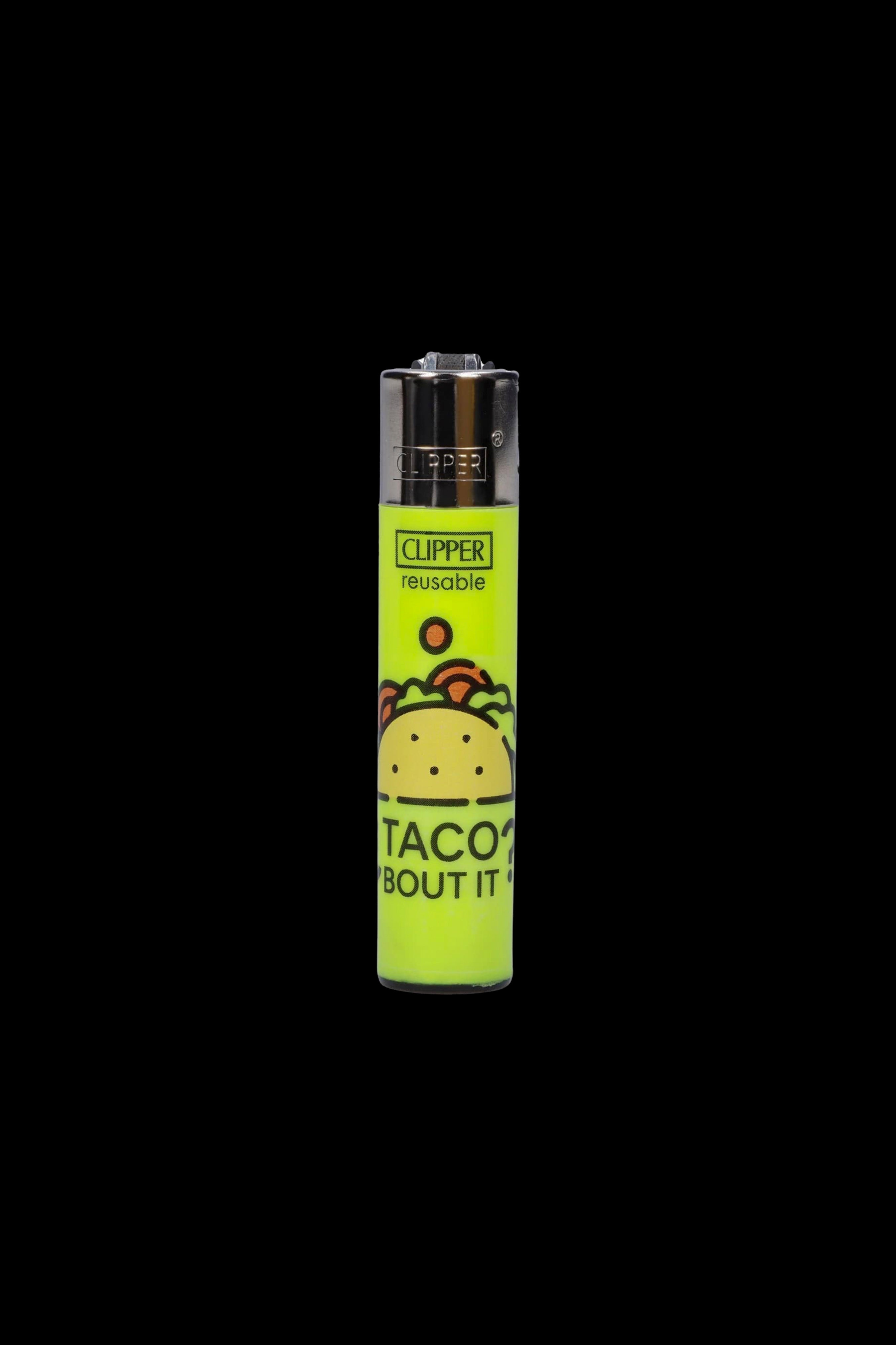Green Clipper lighter with a cartoon avocado and text reading “Taco Bout It.” <start_of_image>