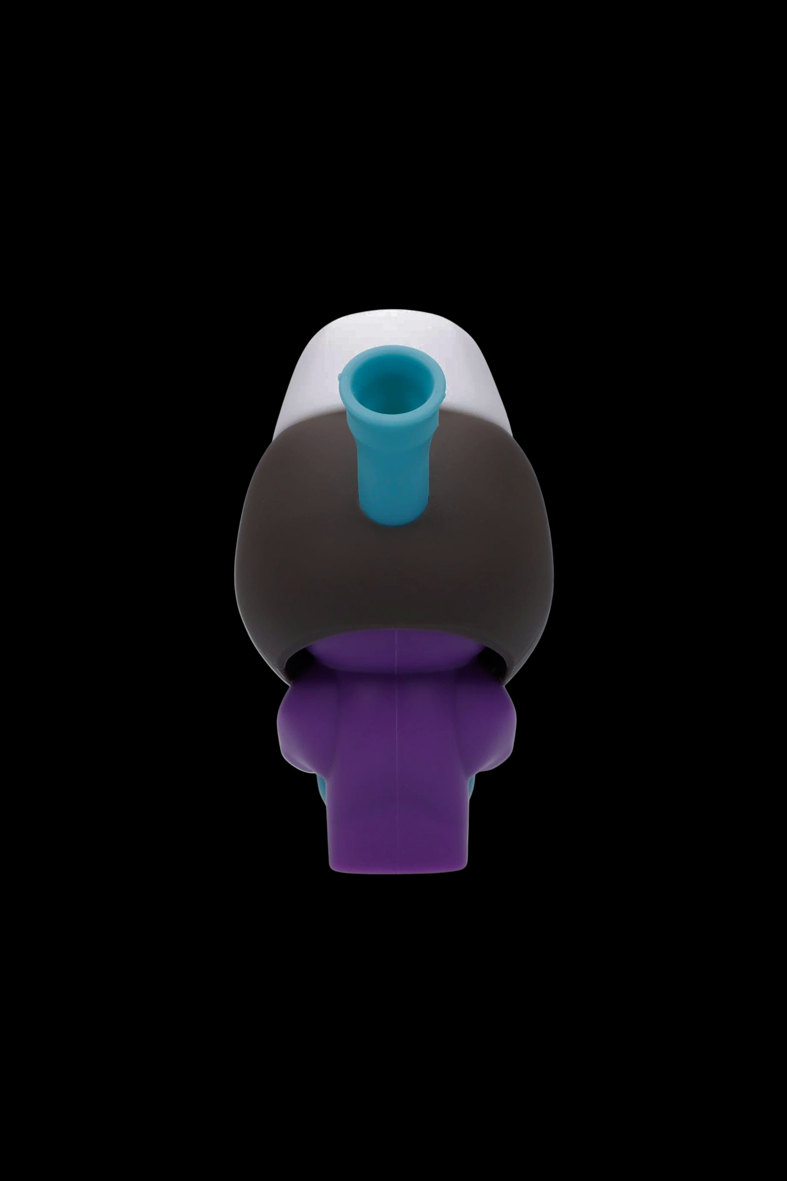 A colorful glass cannabis water pipe with a unique, rounded shape and blue mouthpiece, isolated on a black background.