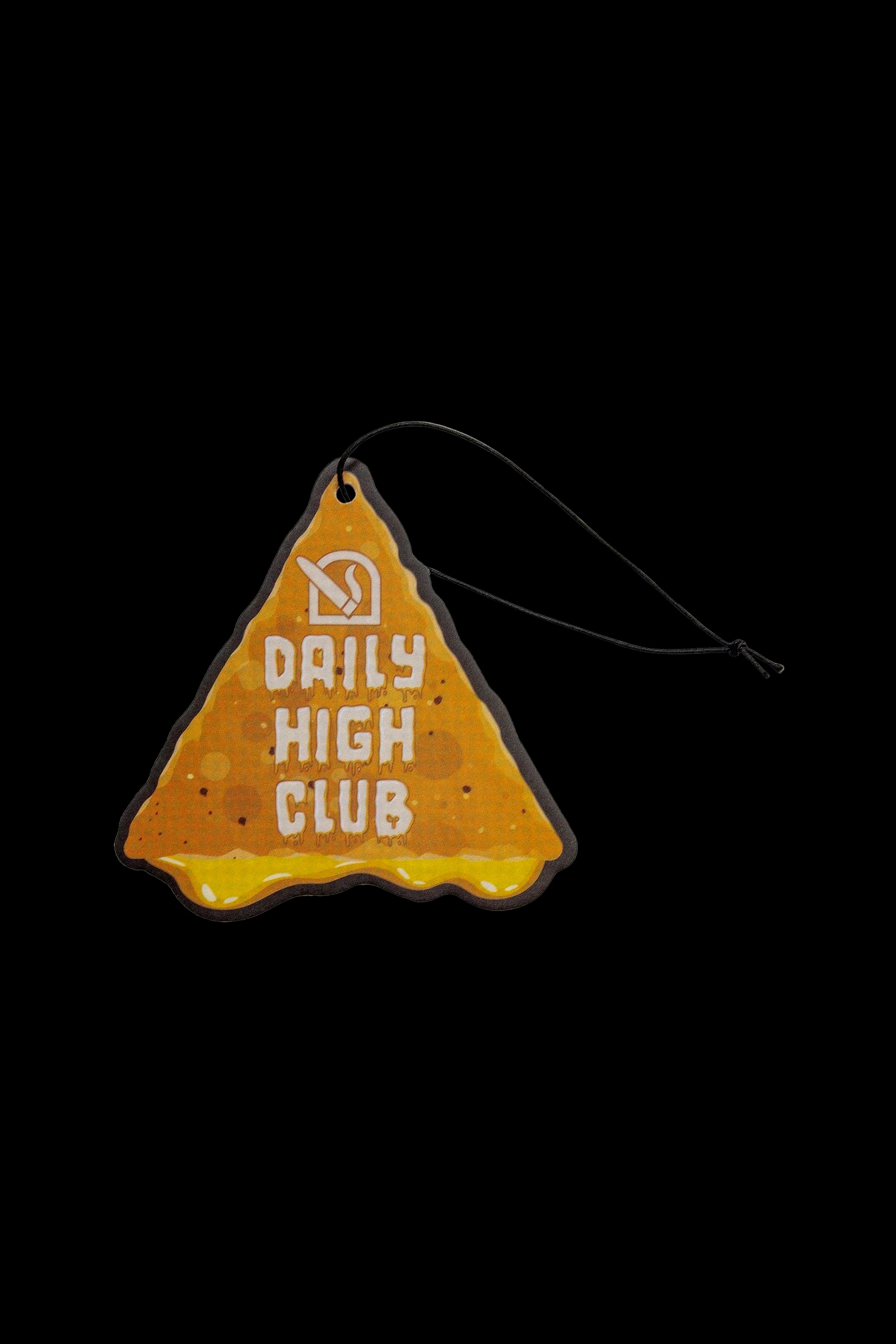 Triangular yellow air freshener with "DAILY HIGH CLUB" text and a cannabis leaf logo, hanging from a black cord against a dark background.