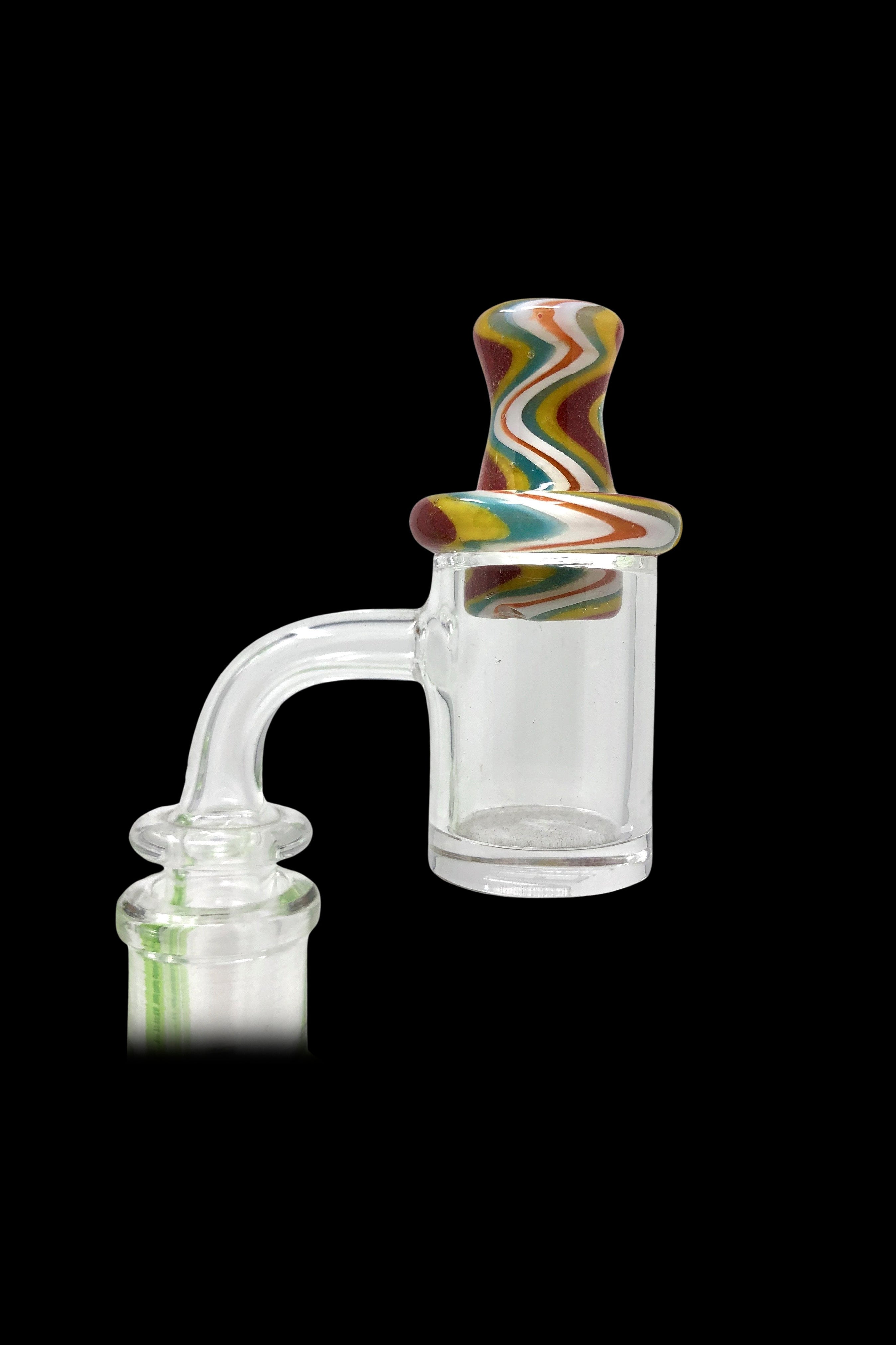 Colorful glass oil rig attachment with a flared mouthpiece.