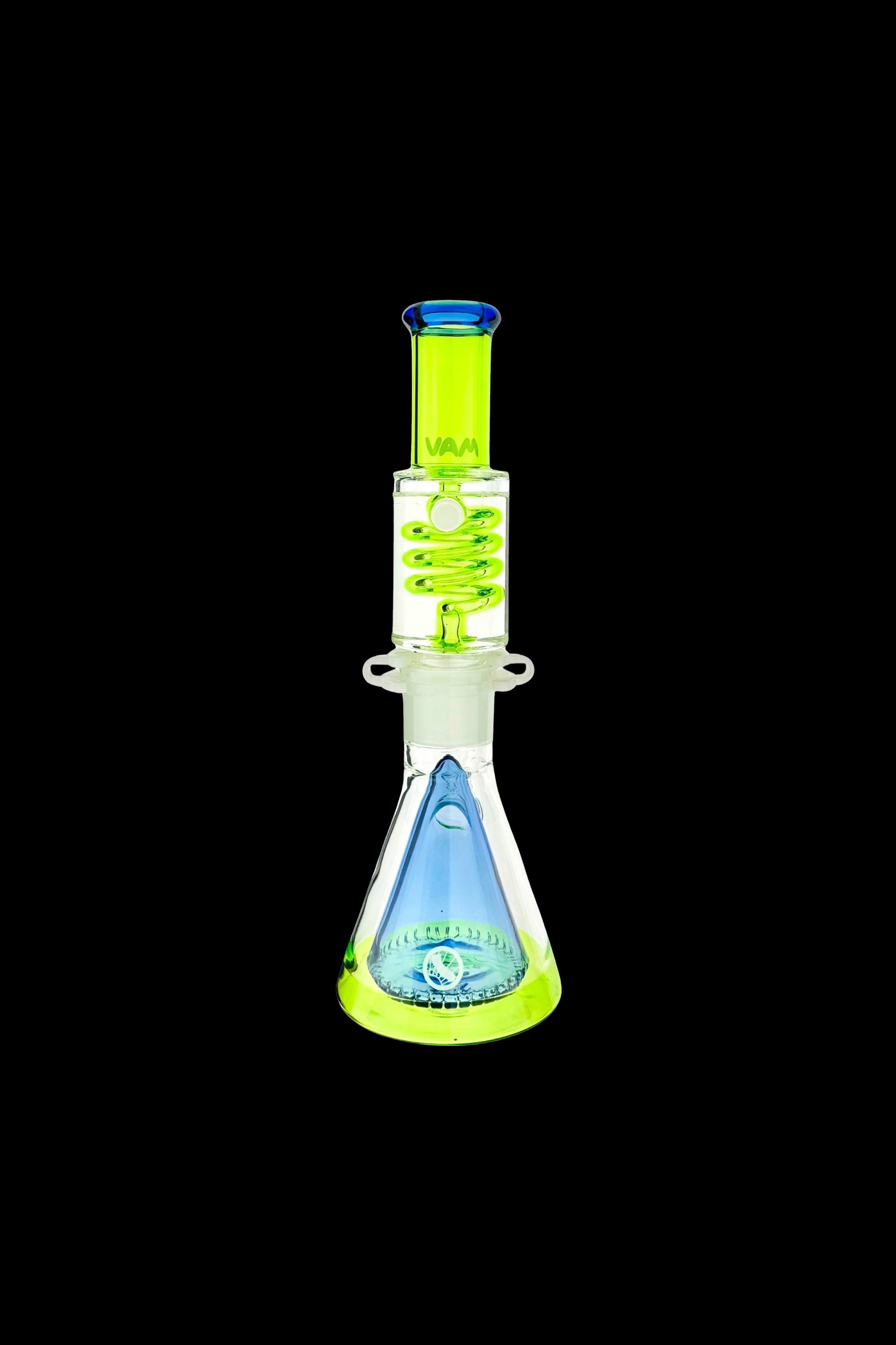 Green and blue glass water pipe with intricate design.