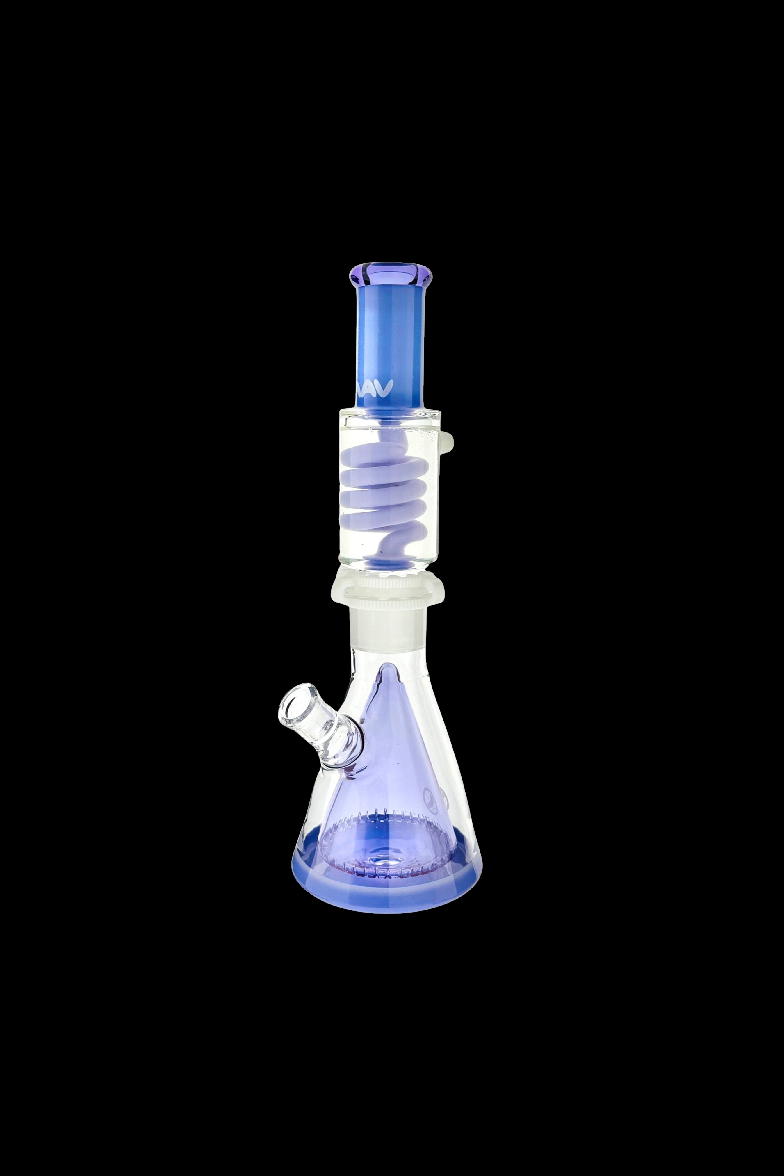 Purple glass bong with percolator, isolated on a black background.