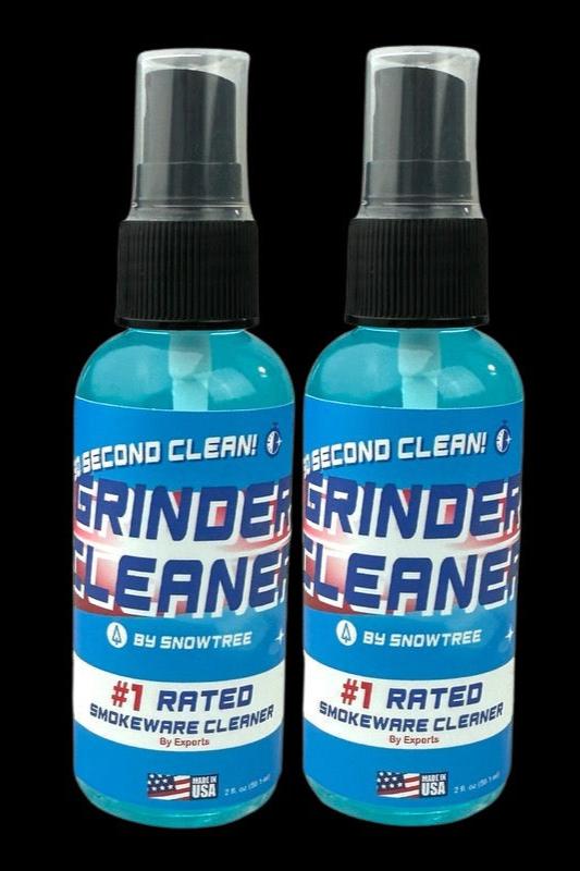 Two bottles of “Grinde Clean” cannabis accessory cleaner by Snowtree, labeled as #1 rated smokeware cleaner.