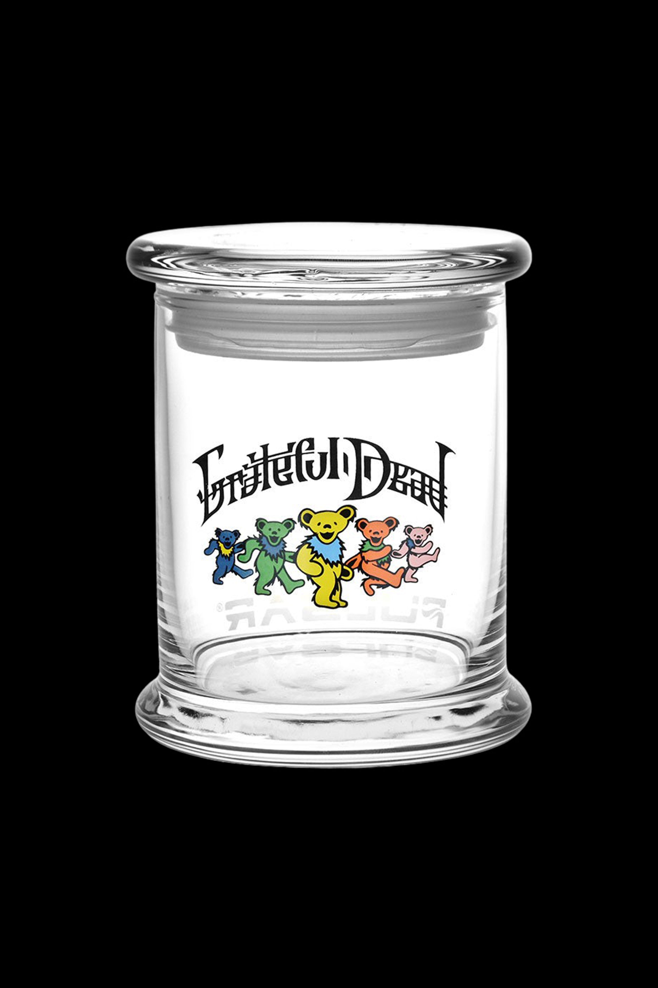 Grateful Dead-themed airtight glass jar for cannabis storage.