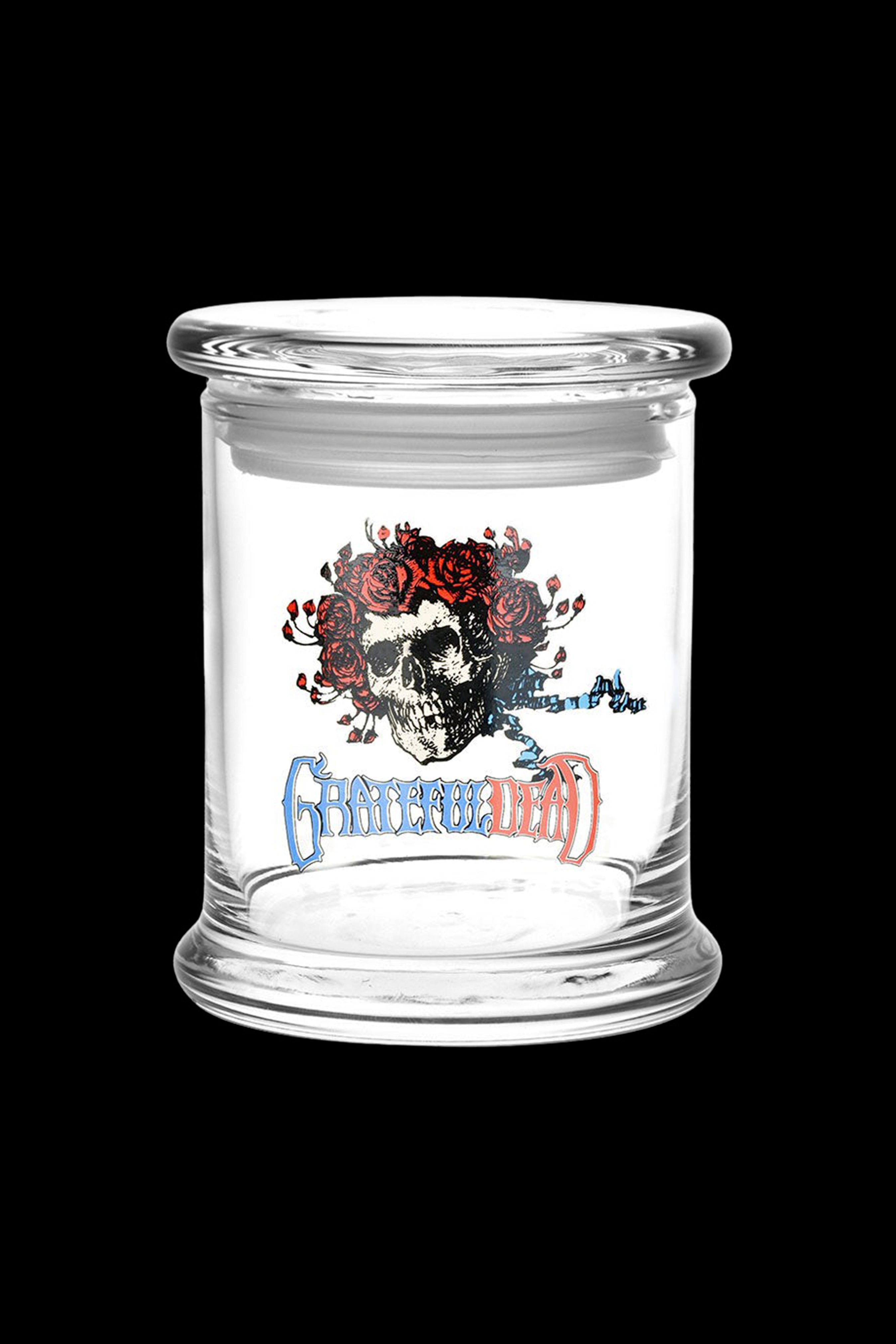 Glass jar with a Grateful Dead skull and roses design, likely for cannabis storage.
