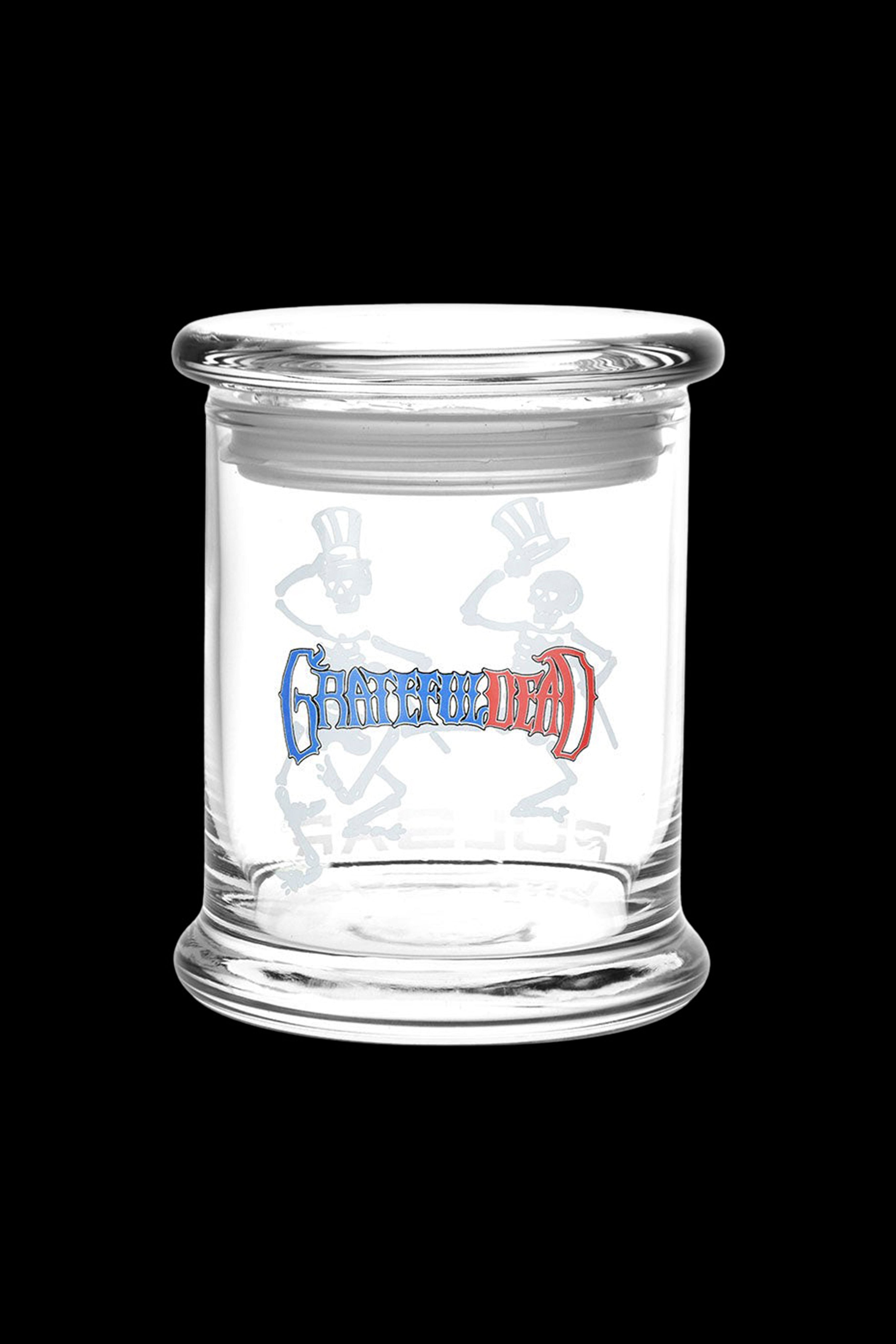 Clear glass jar with “GRATEFUL DEAD” logo, likely for cannabis storage.