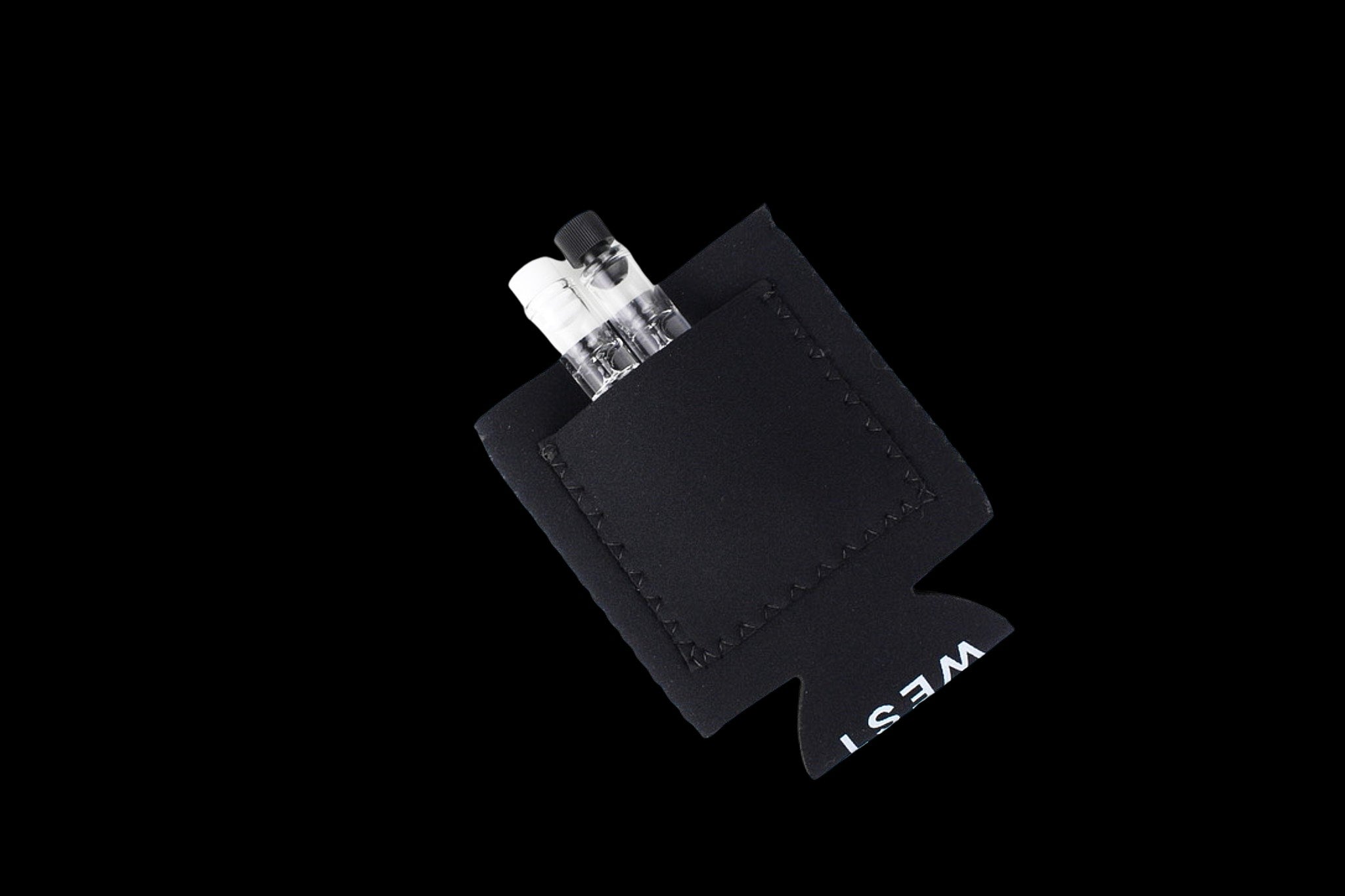 Black cannabis rolling tray with a clear acrylic one-hitter pipe.